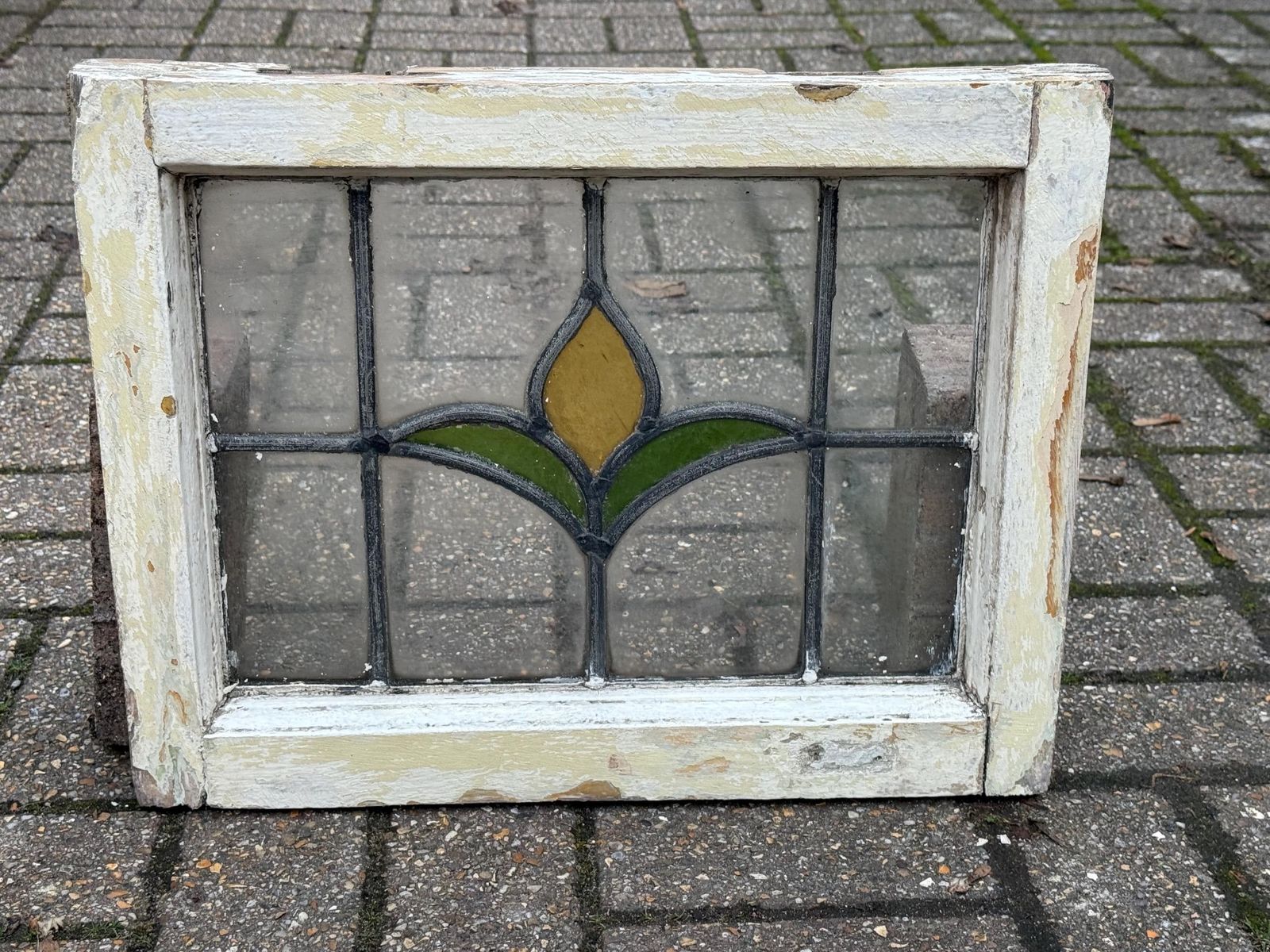 photo buy Original 1930s Art Deco Stained Glass Tulip Green And Red Design Window Panel