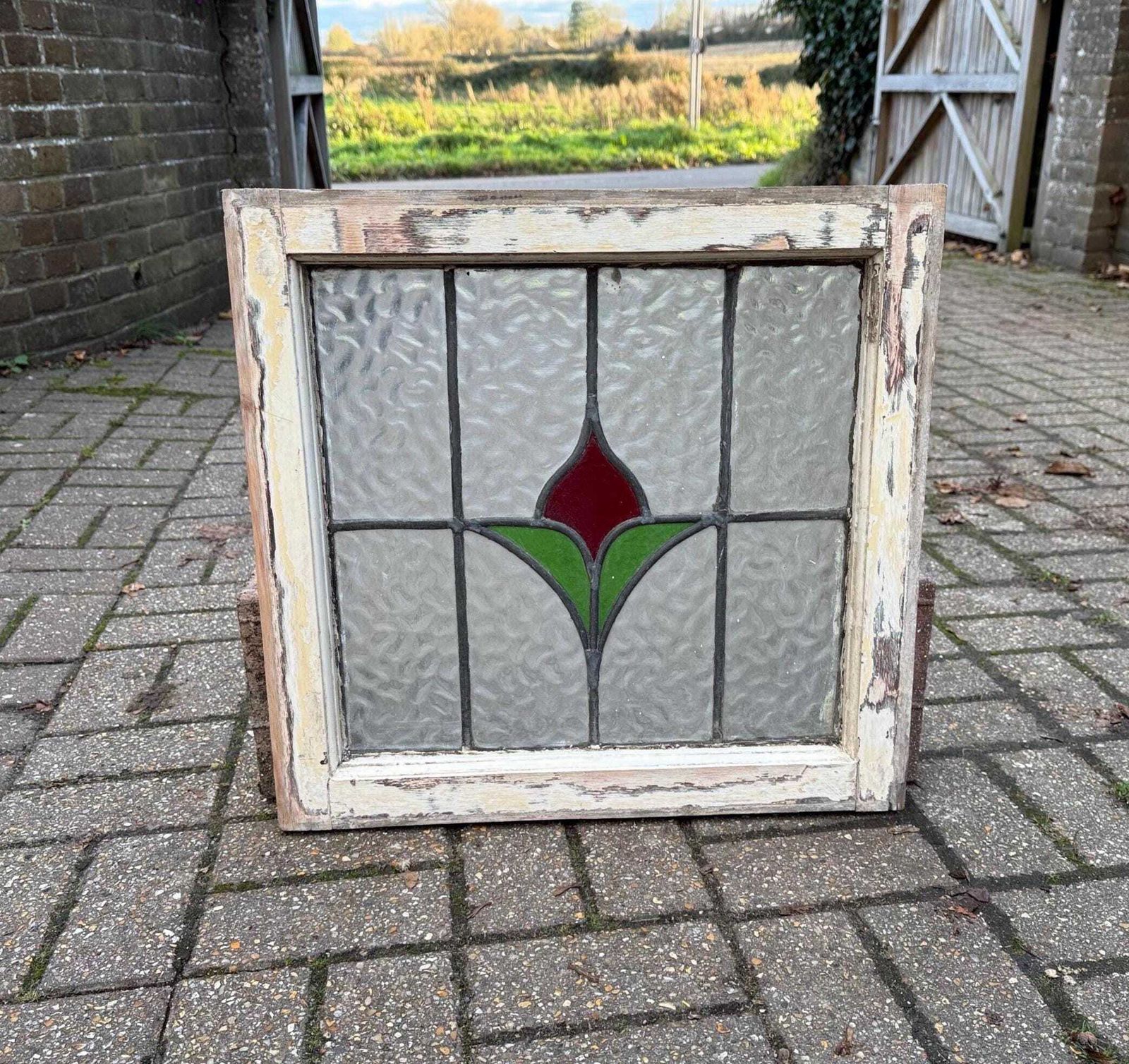Original 1930s Art Deco Stained Glass Tulip Green And Red Design Window Panel