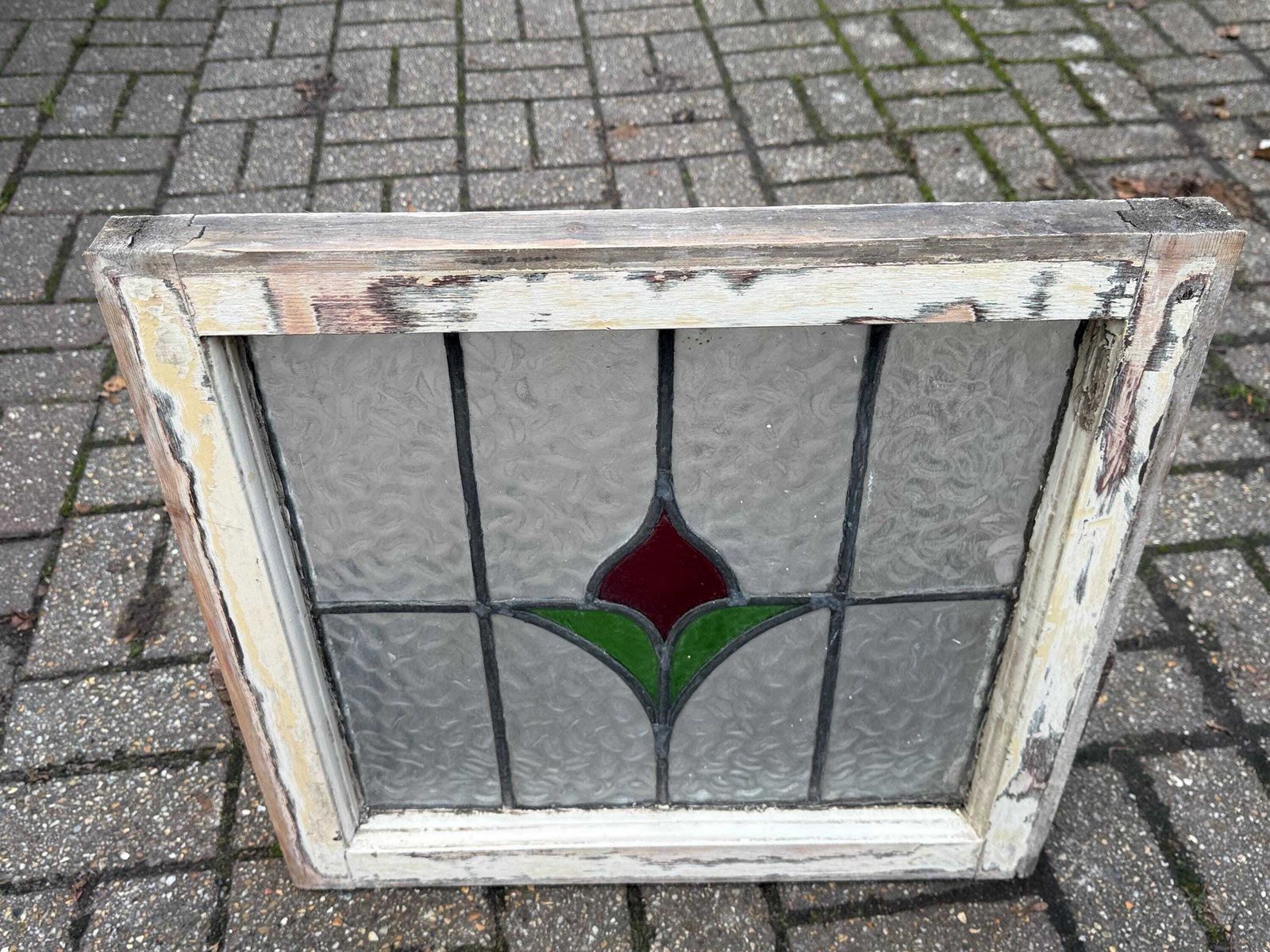 Original 1930s Art Deco Stained Glass Tulip Green And Red Design Window Panel photo for sale