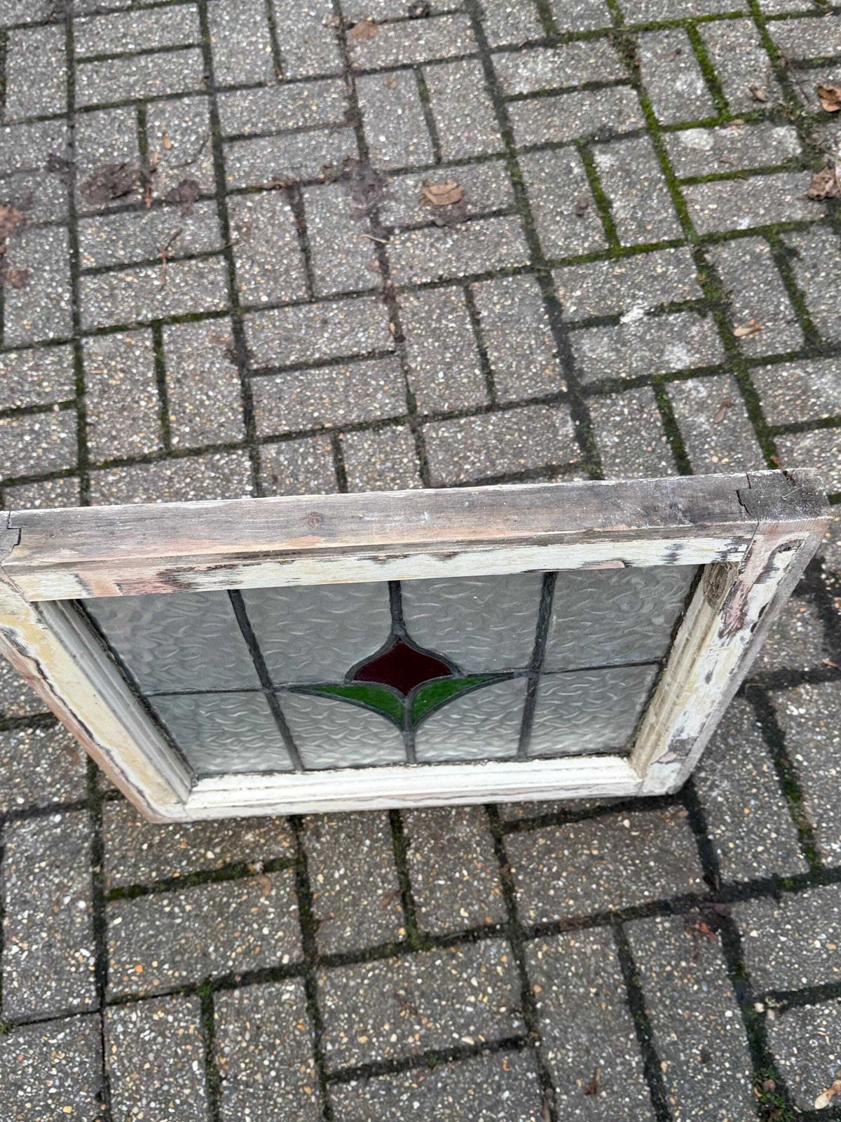 photo buy Original 1930s Art Deco Stained Glass Tulip Green And Red Design Window Panel