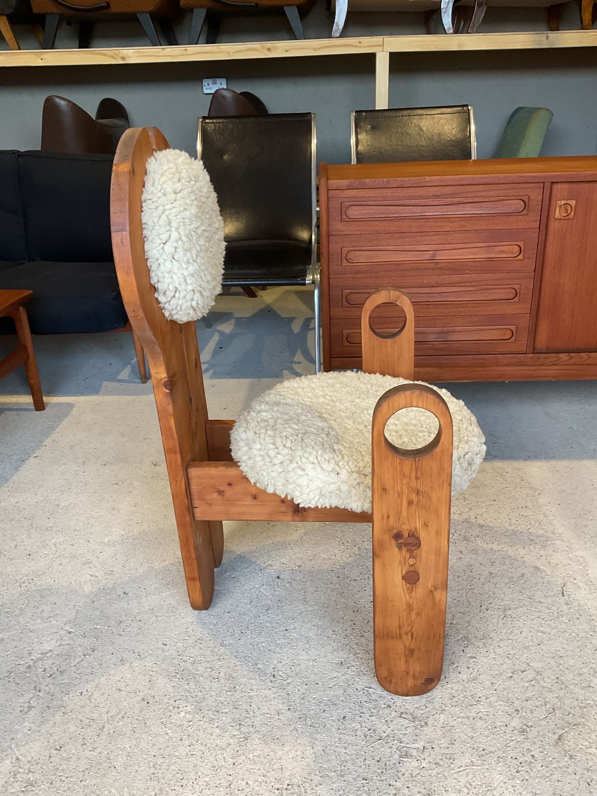 Midcentury Solid Larch Wood& Sheepskin Side Chair, Armchair By Rudolf Szedleczky photo furniture