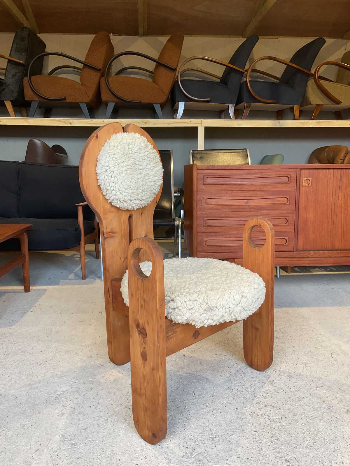 Midcentury Solid Larch Wood& Sheepskin Side Chair, Armchair By Rudolf Szedleczky