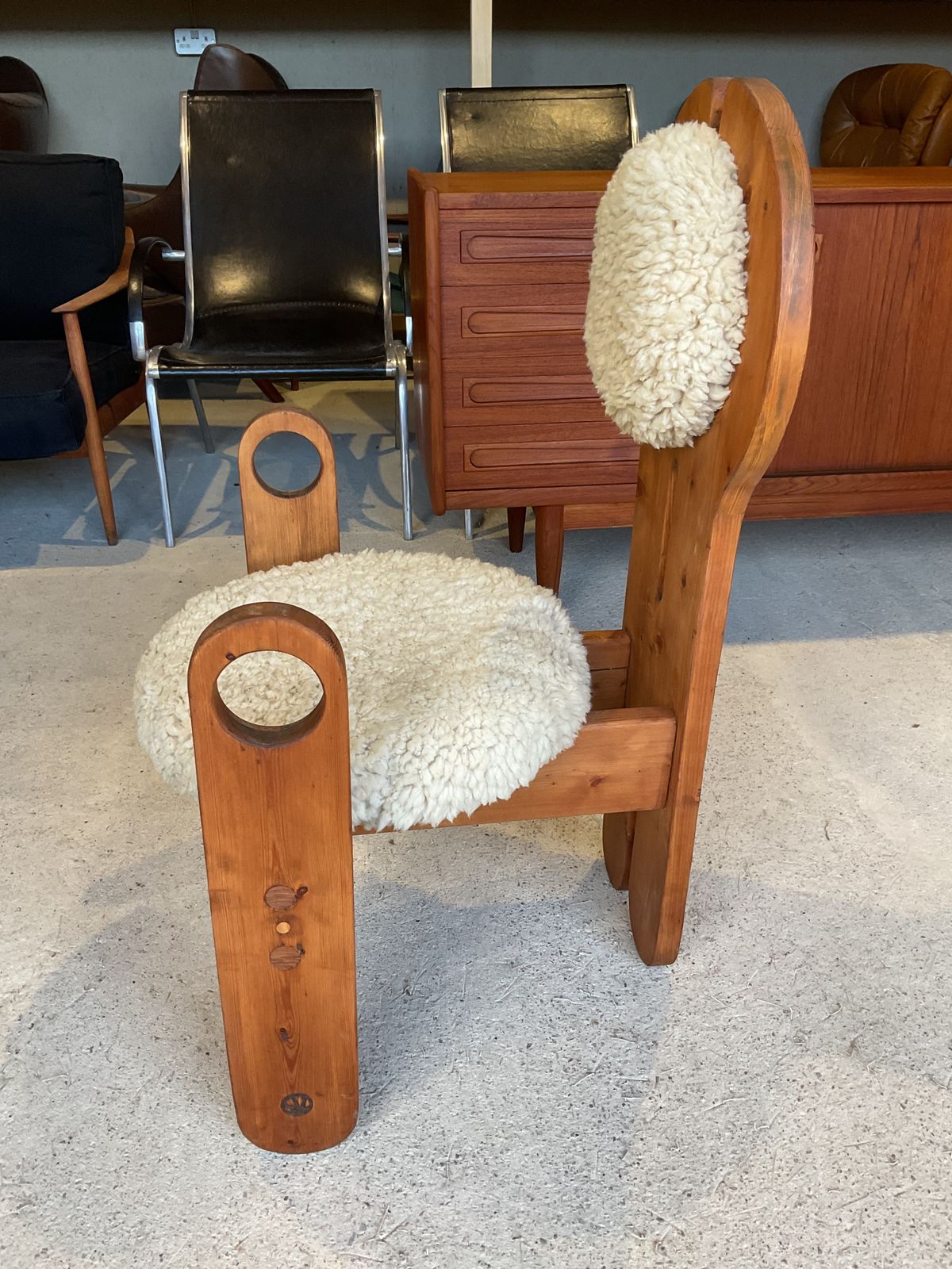 photo furniture Midcentury Solid Larch Wood& Sheepskin Side Chair, Armchair By Rudolf Szedleczky
