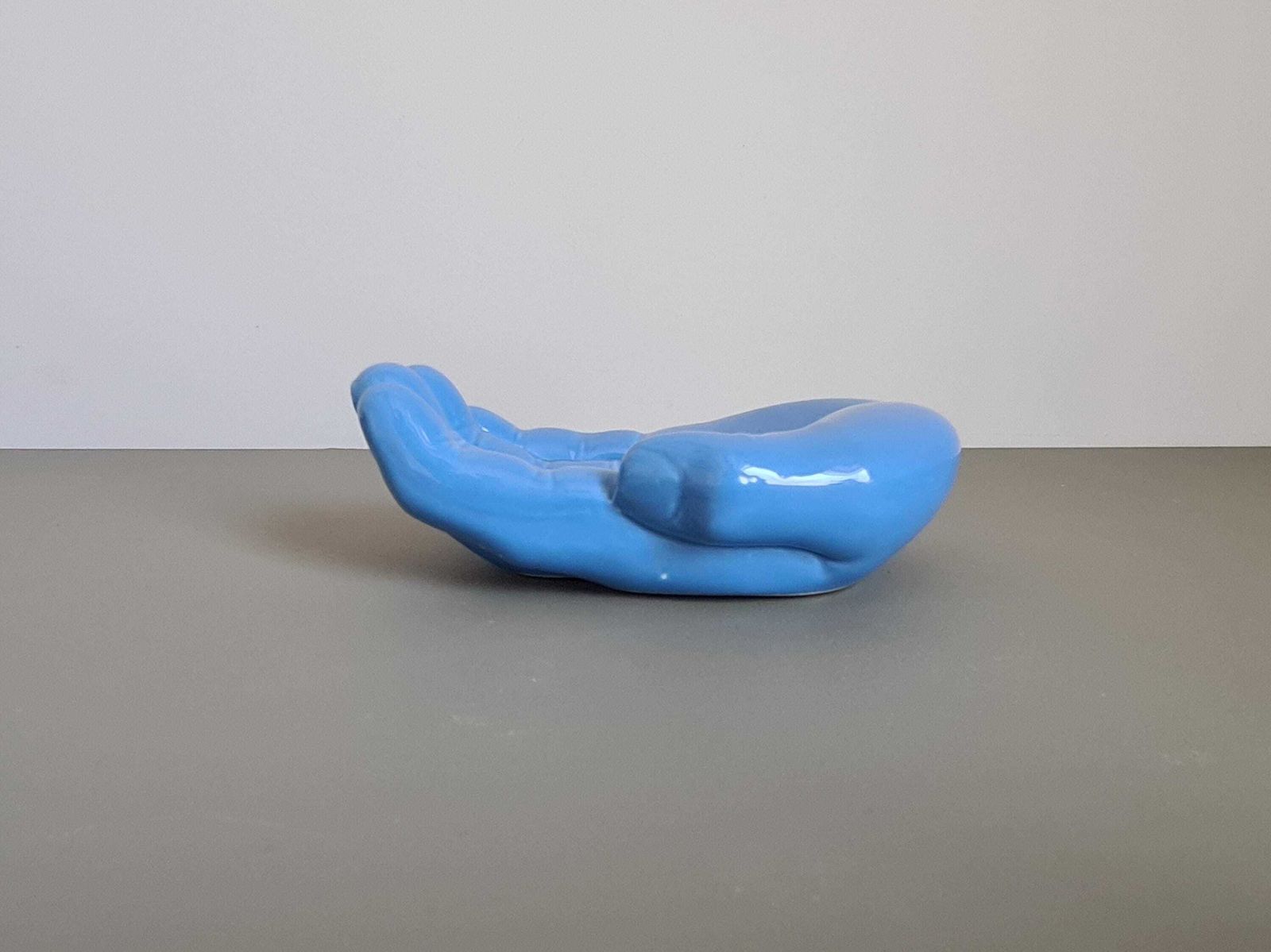 Vintage Blue Ceramic Hand Trinket Dish   1970s Decorative Sculpture   Retro Design Object, Centerpiece, Home Decor, Soap Dish photo 176.0