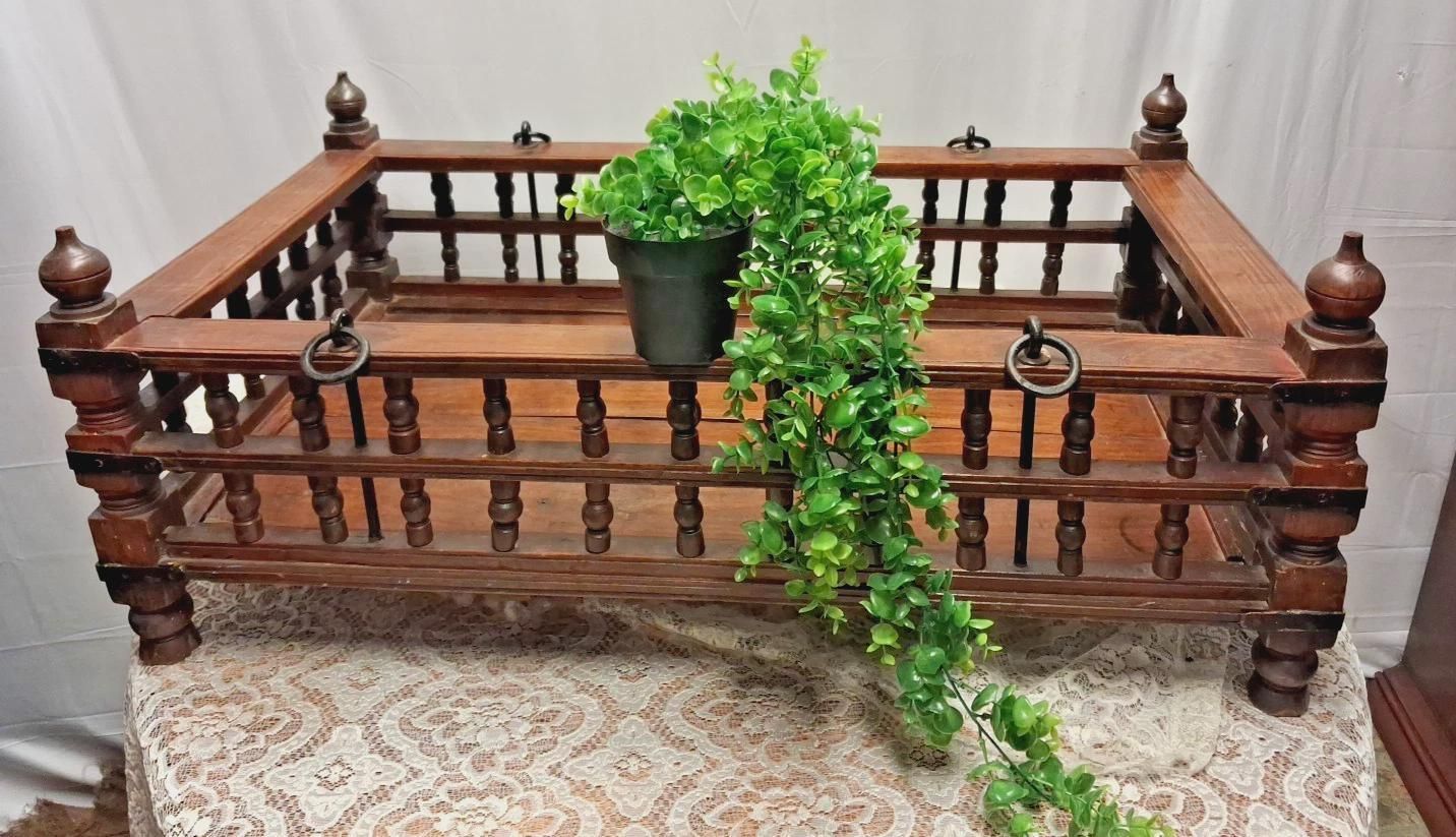 Antique Indian Hardwood Hanging Cot Or Log Basket Book Rack