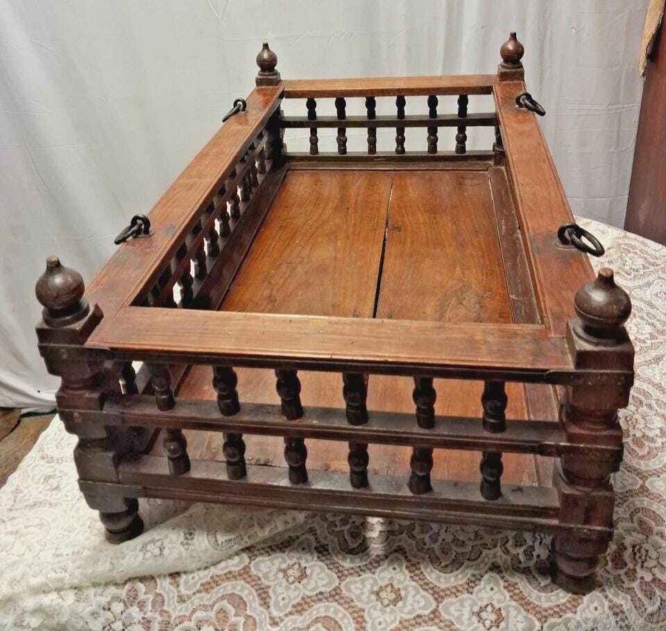 Antique Indian Hardwood Hanging Cot Or Log Basket Book Rack photo vinterior