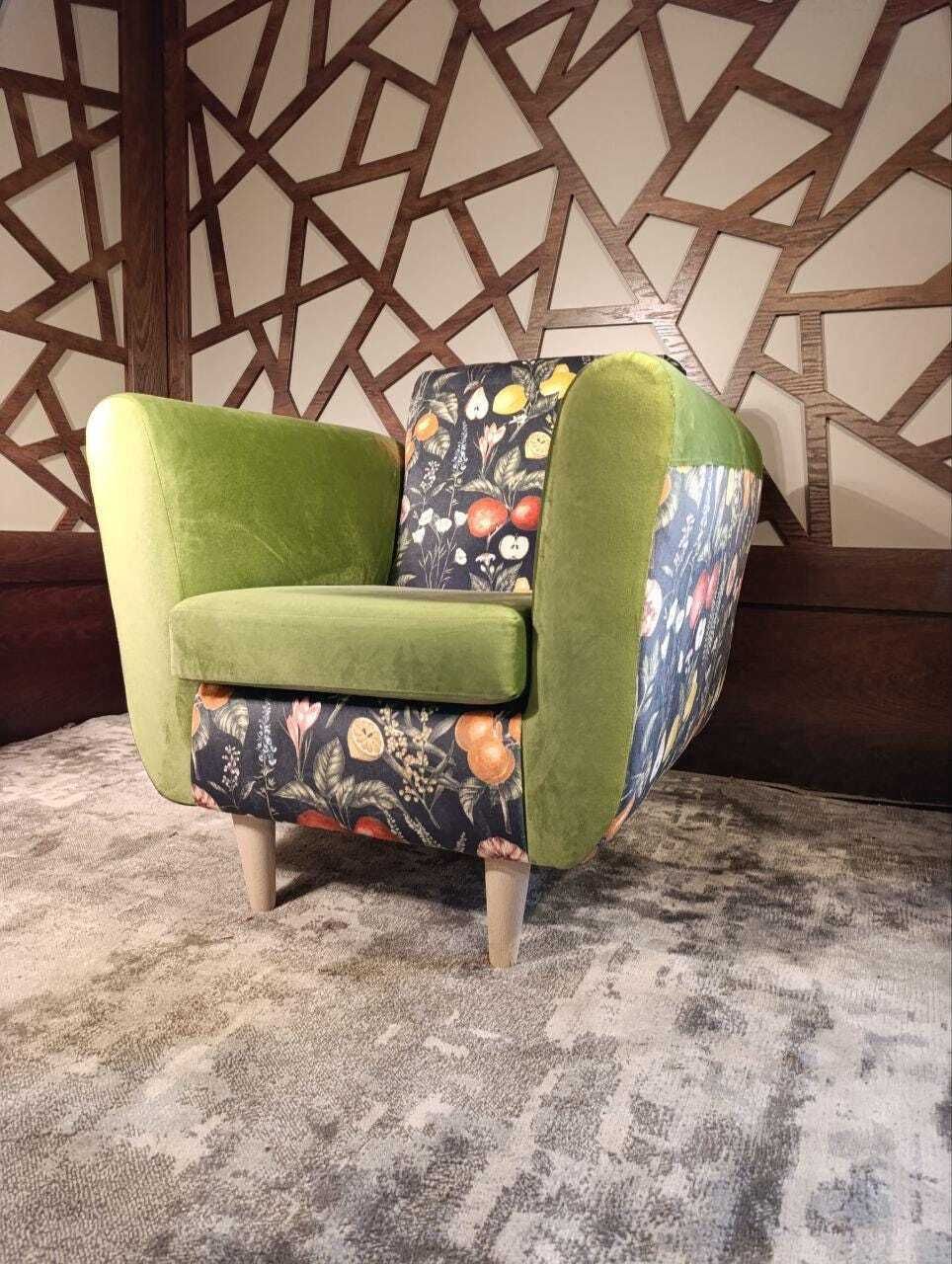 Mid Century Inspired Lounge Chair In Velvet | Clarke And Clarke Botanical Print | Sculptural Profile photo for sale