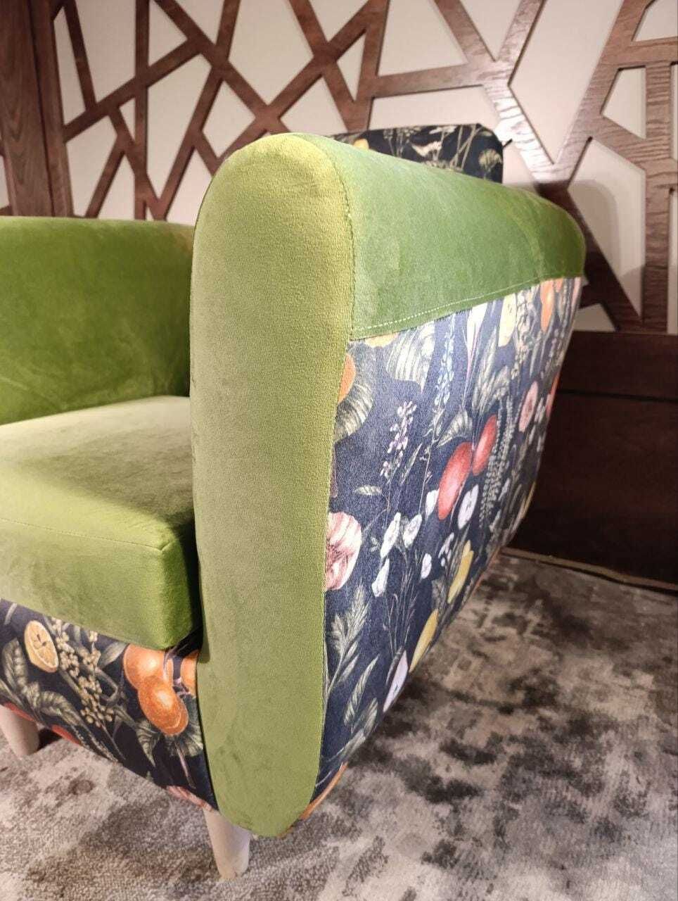 Mid Century Inspired Lounge Chair In Velvet | Clarke And Clarke Botanical Print | Sculptural Profile photo vinterior