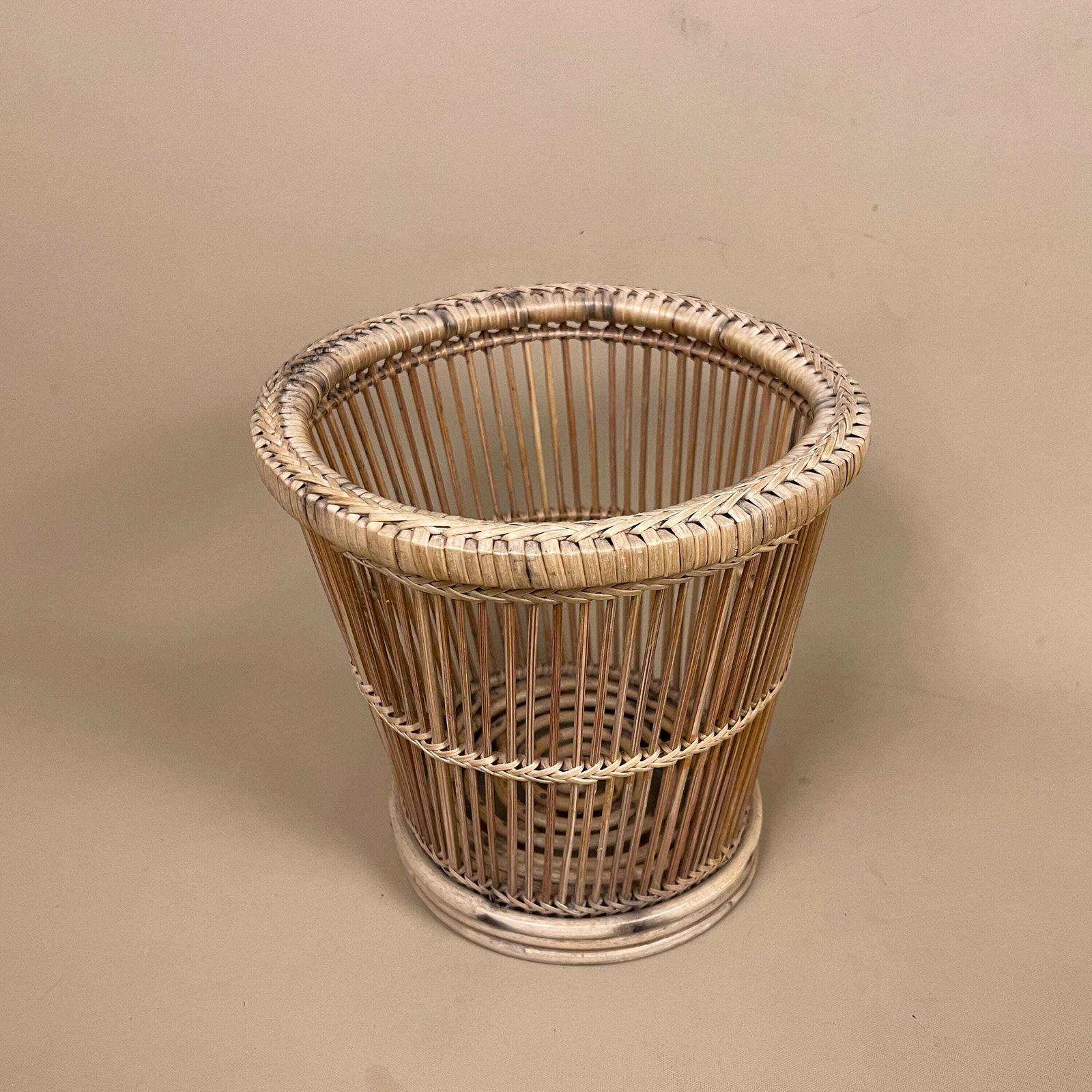 Vintage Basket Woven Wicker Brown Planter Plant Pot Round Circular Wood Brown Cottage Farmhouse Handmade Antique Bamboo Striped photo Home Decor