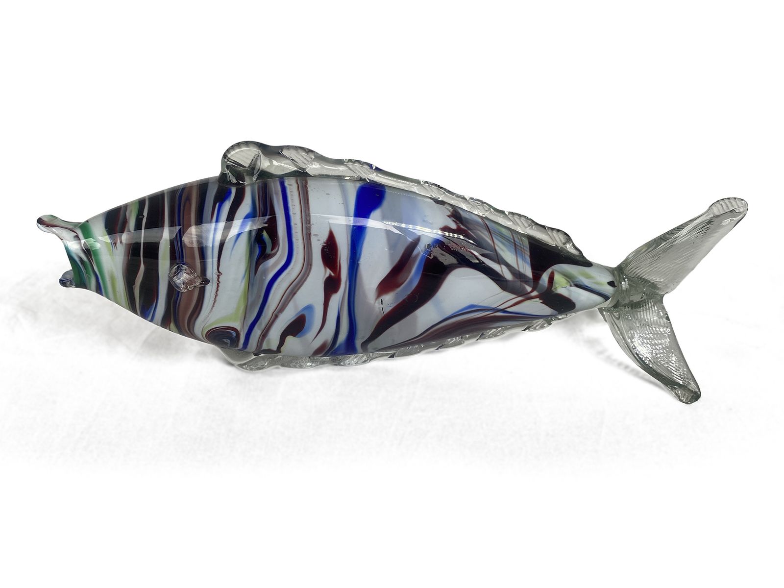 Large 33cm Vintage Murano Glass Fish Sculpture | Unusual Burgundy, Blue & Green Sommerso