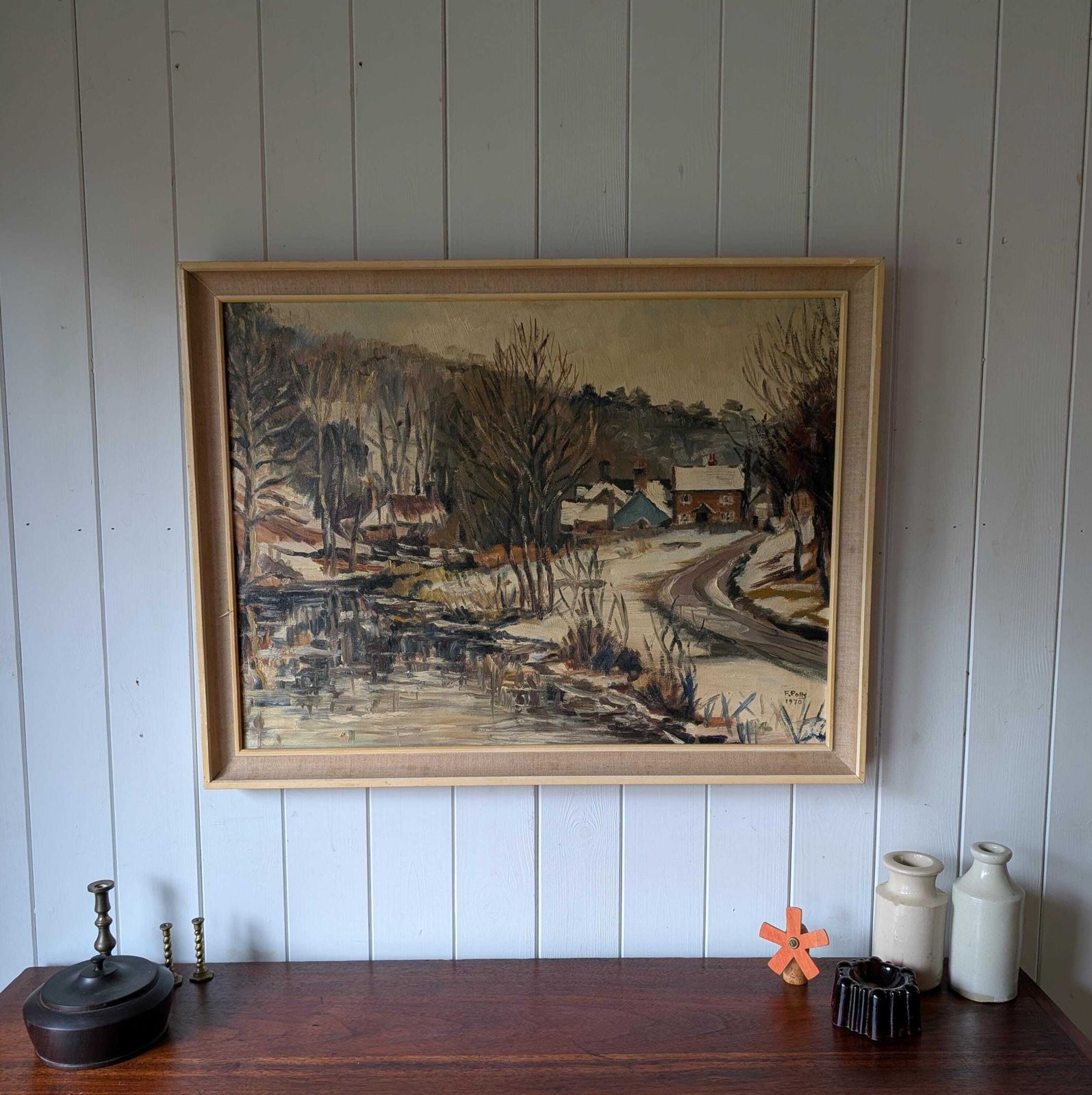 1970s Oil Painting "The First Snow" photo Art