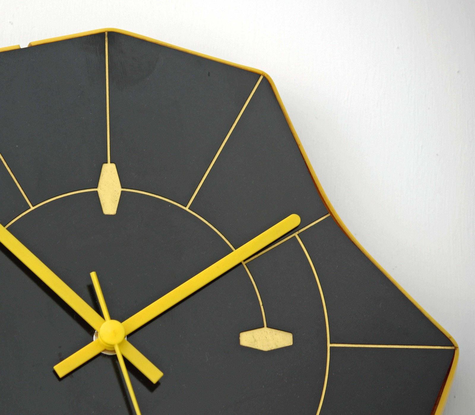 Vintage Retro Wall Clock   27cm French Mid Century Style Wooden Black Formica 1970s Atomic Gift Off The Wall Clocks photo for sale