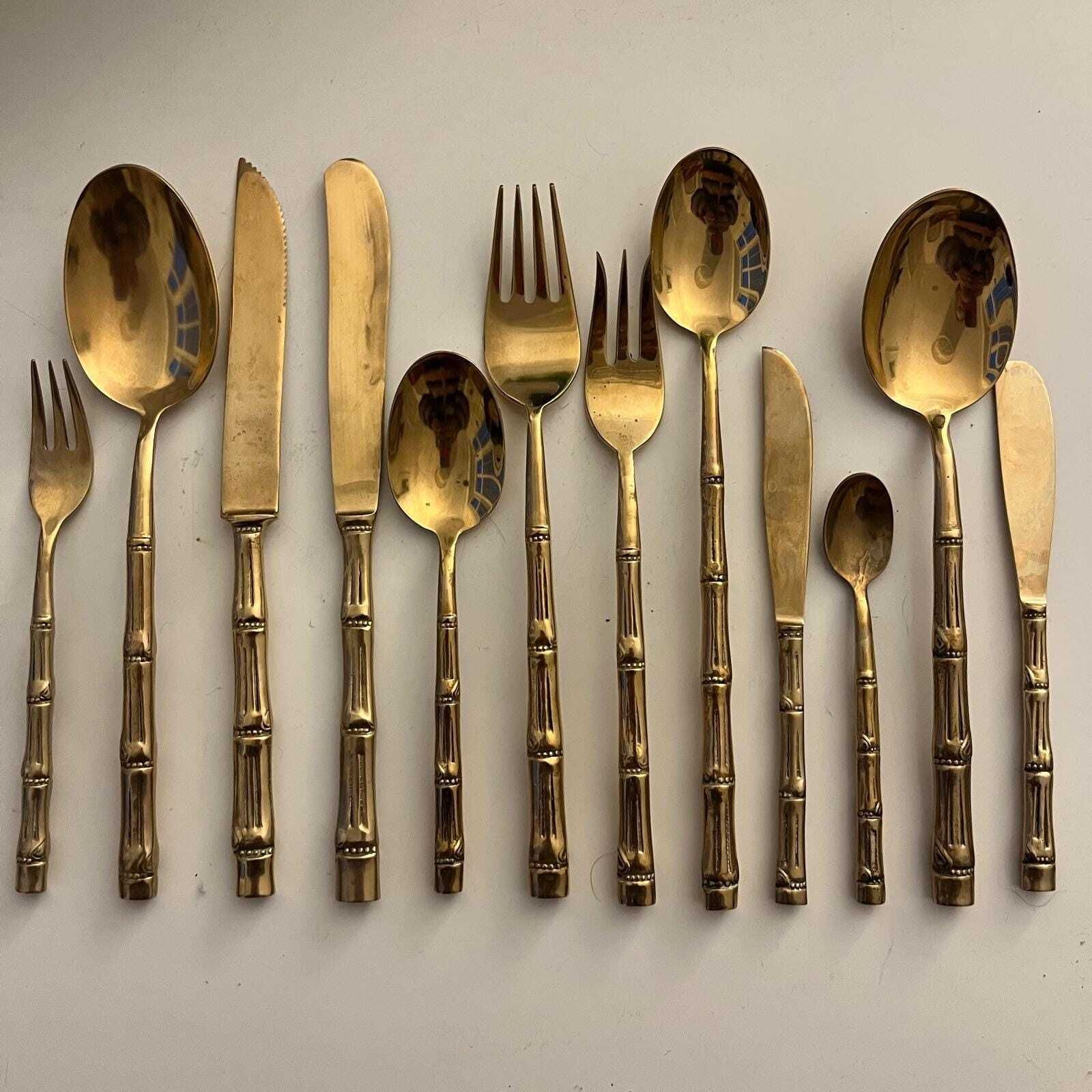 Set Of 4 Place Settings Of 12 Brass Faux Bamboo Cutlery Set