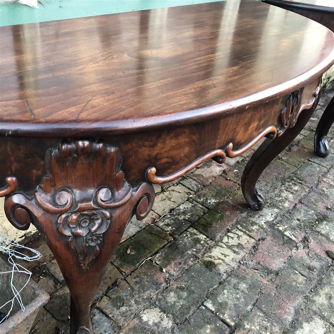 Pair Of Antique Mahogany Demi Lune Consoles With Carved Cabriole Legs C.1900 photo for sale