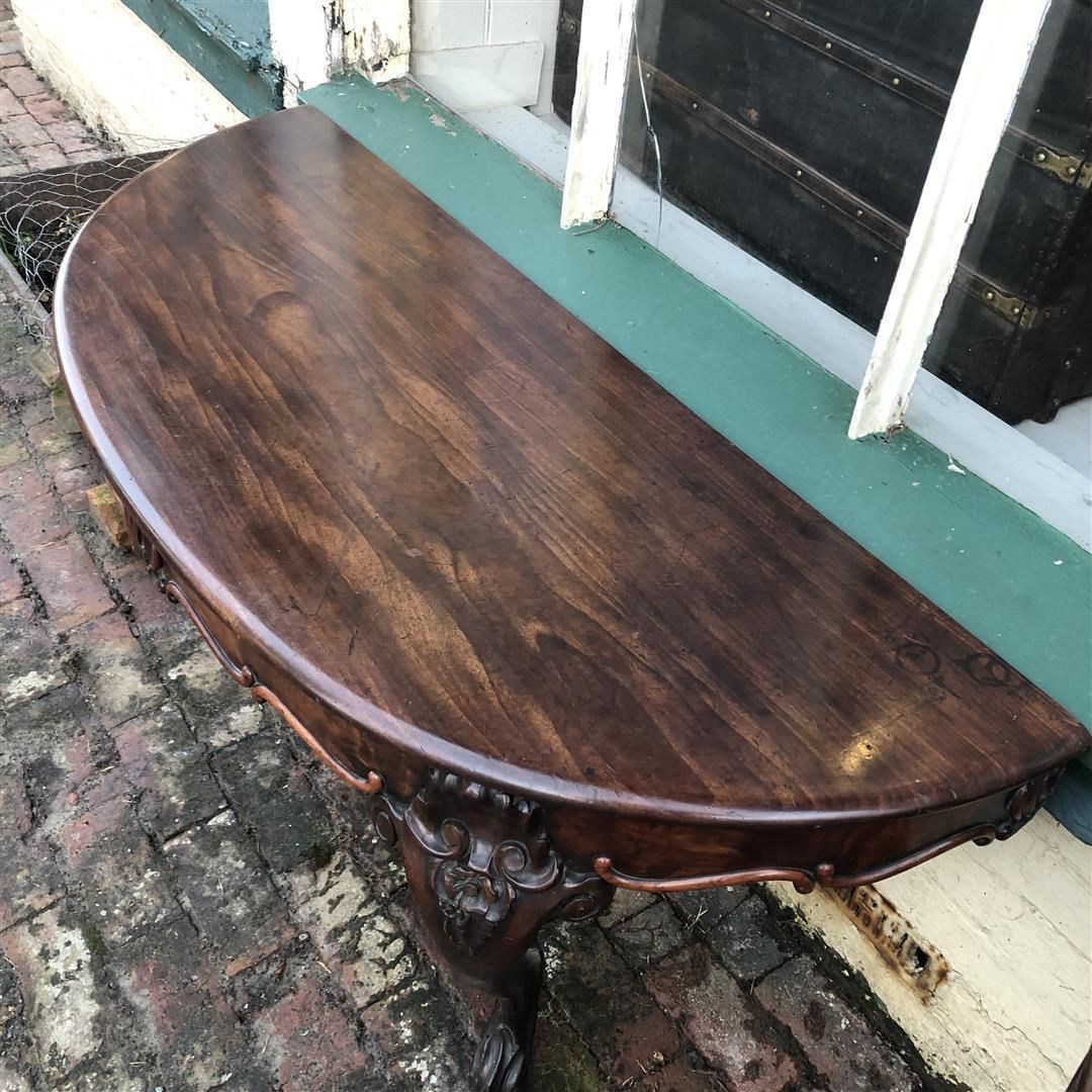 Pair Of Antique Mahogany Demi Lune Consoles With Carved Cabriole Legs C.1900 photo vintage