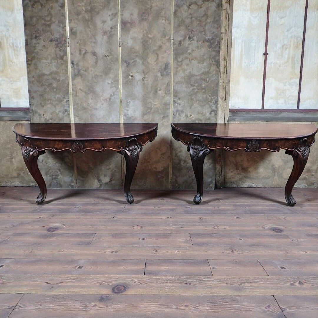 Pair Of Antique Mahogany Demi Lune Consoles With Carved Cabriole Legs C.1900 photo furniture
