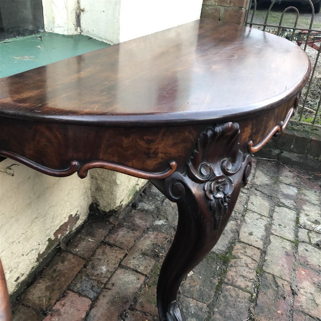 795.0 Pair Of Antique Mahogany Demi Lune Consoles With Carved Cabriole Legs C.1900 photo