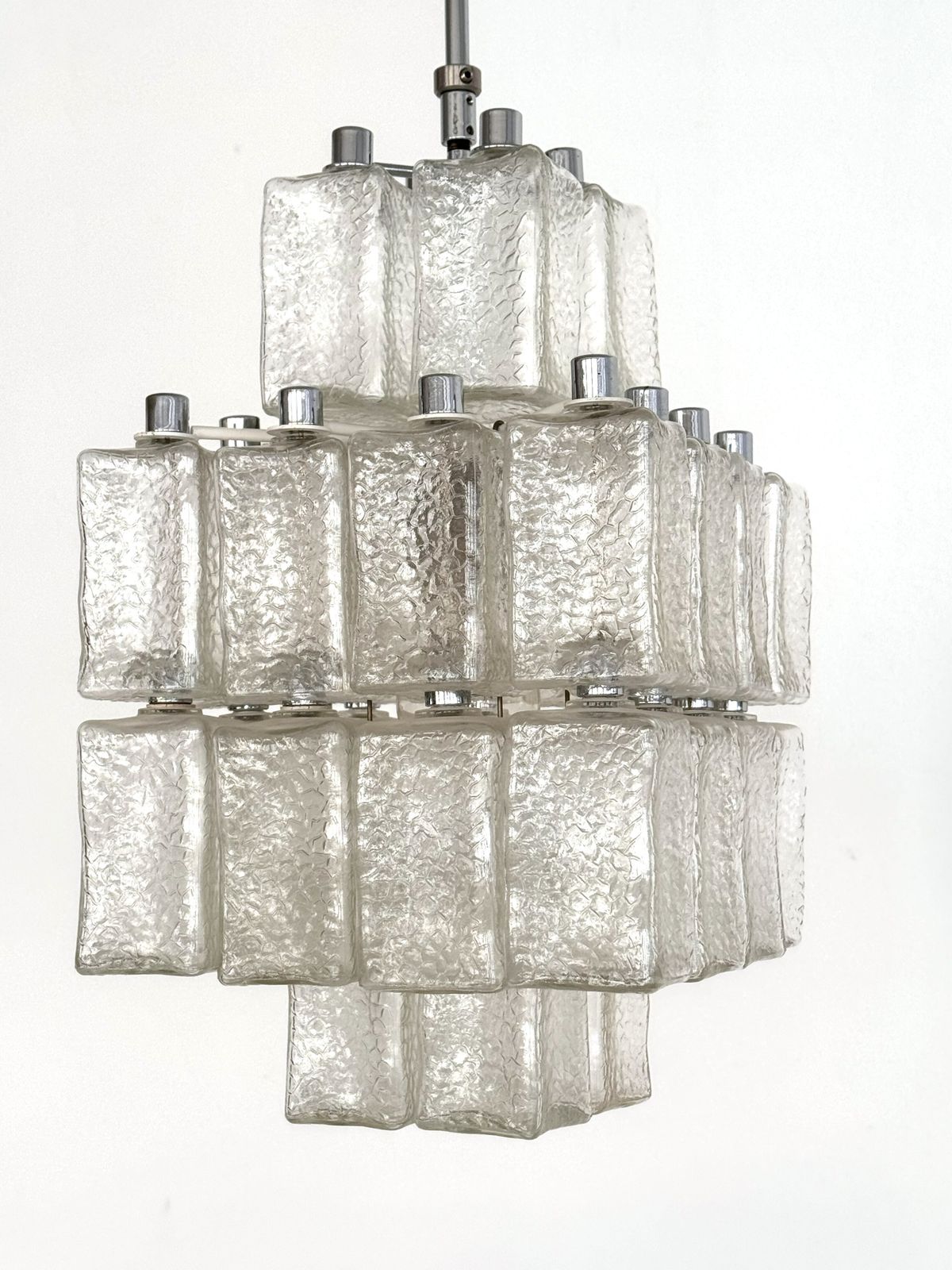 Midcentury Chandelier In Chrome And Textured Glass By Swiss Bag Turgi, 1960s photo furniture