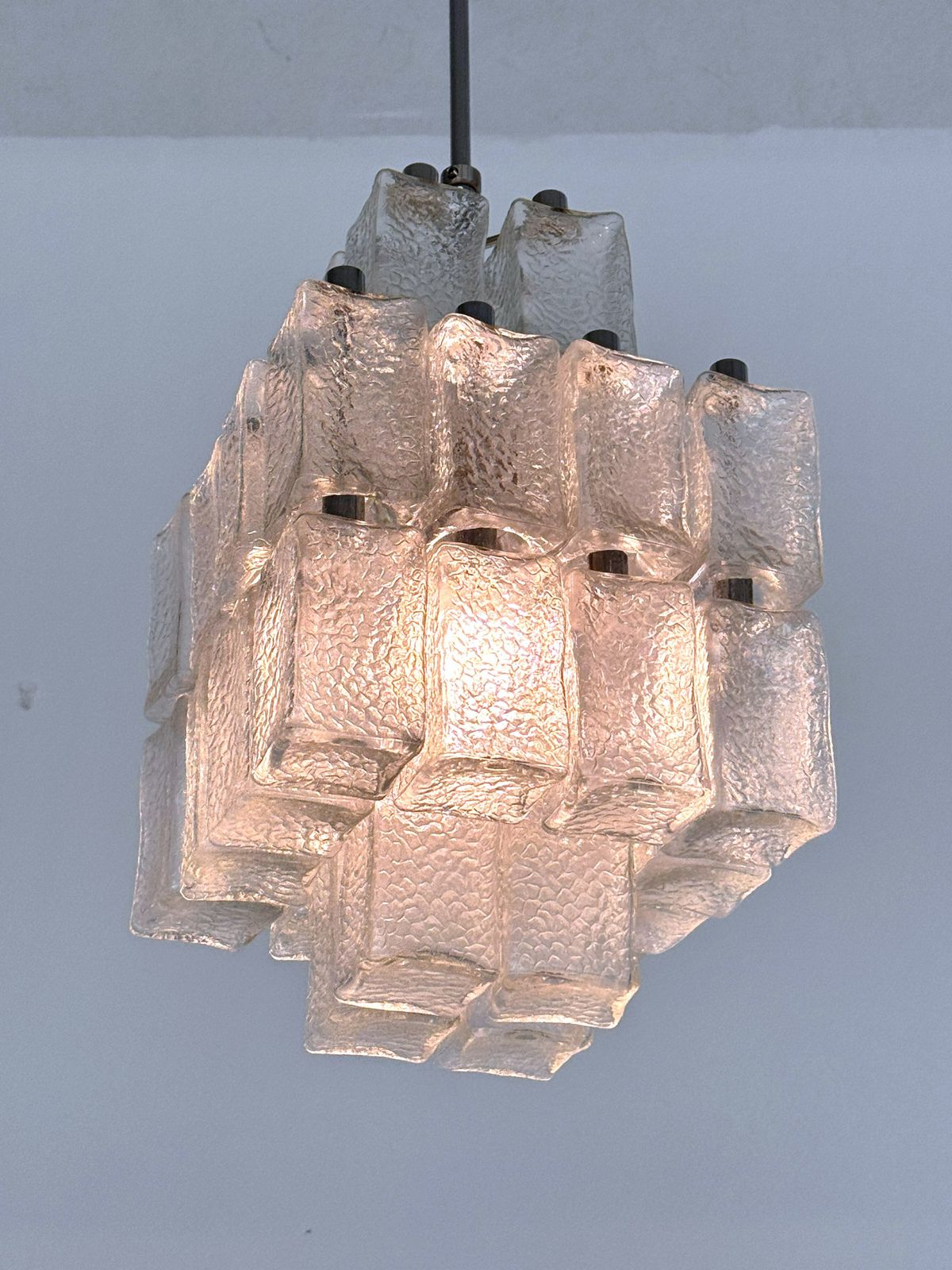 Midcentury Chandelier In Chrome And Textured Glass By Swiss Bag Turgi, 1960s photo vintage