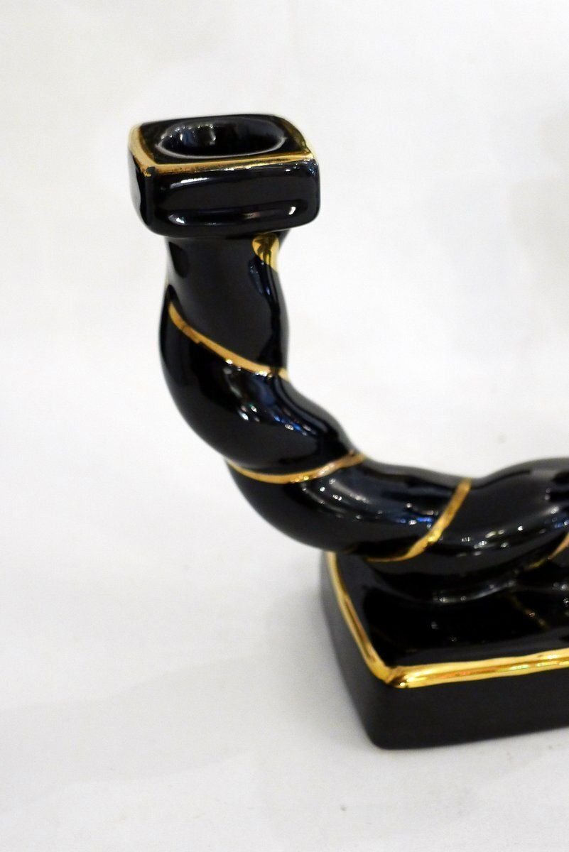 Mid Century Braided Earthenware Rope Double Candlesticks Attributed To Longchamp, France, 1950s, Set Of 2 photo vinterior