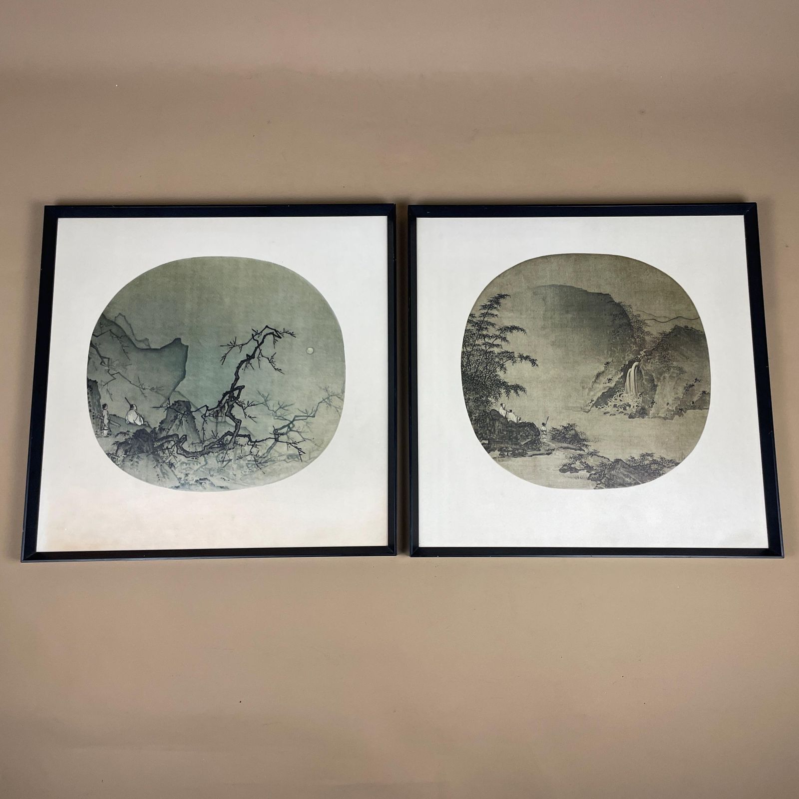 Art Pair Chinese Landscape Fan Prints Framed Pictures Oriental Art Mountain Waterfall Set Classic Asian Wall Decor Traditional photo