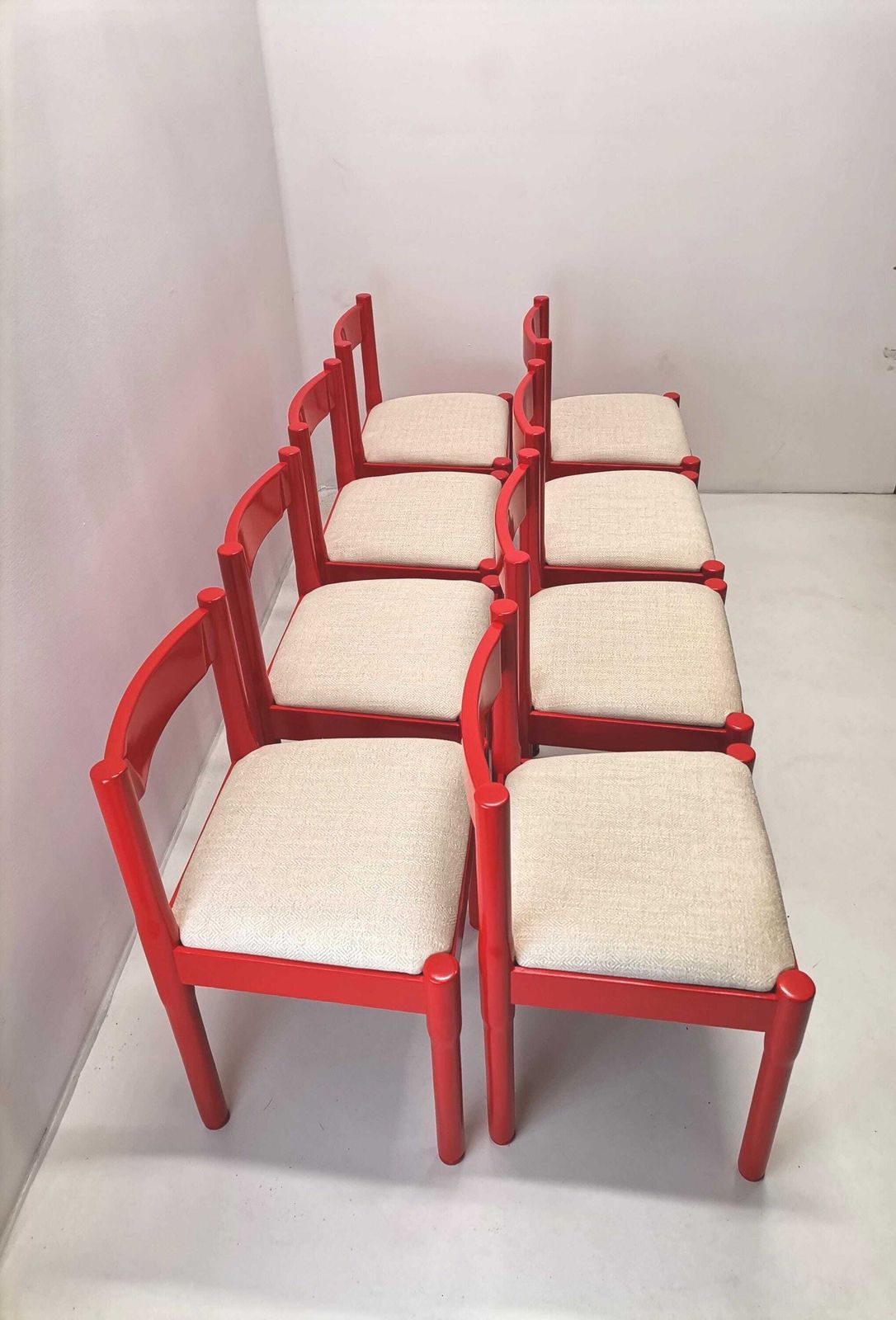Set Of 8 Red 'Carimate' Dining Chairs Designed By Vico Magistretti / Midcentury Italian Upholstered Kitchen Chairs photo Furniture