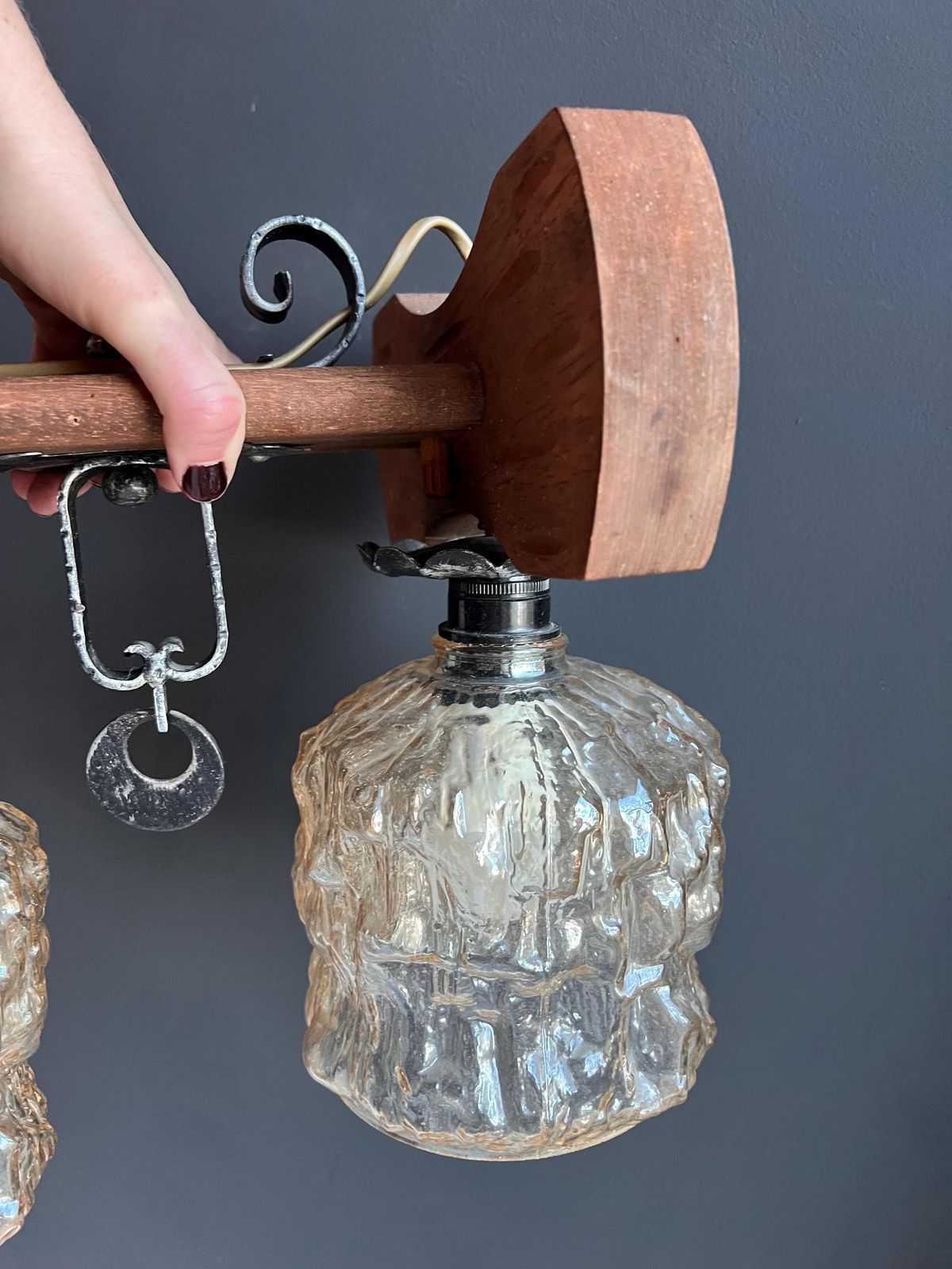 Vintage Rustic Mid Century Chandelier: Spanish Revival Wood Beam, Cracked Ice Amber Glass photo vinterior