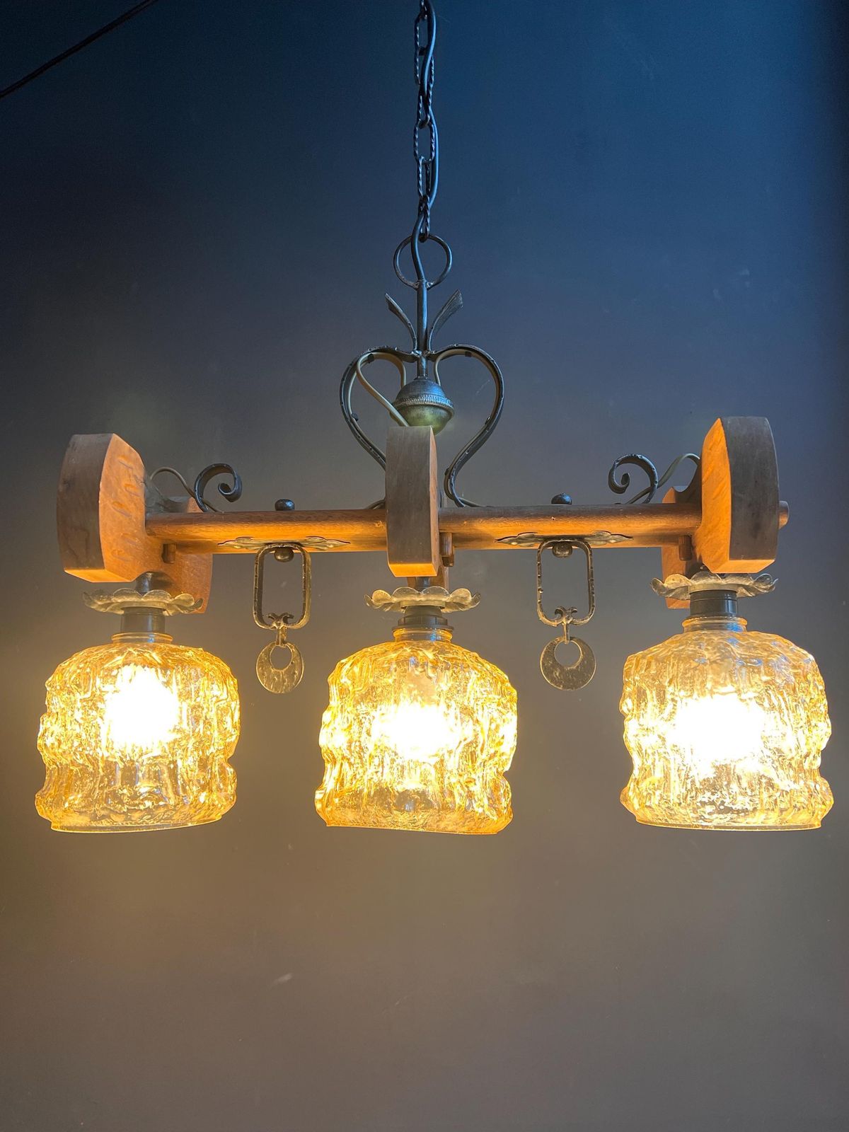 Vintage Rustic Mid Century Chandelier: Spanish Revival Wood Beam, Cracked Ice Amber Glass photo vintage