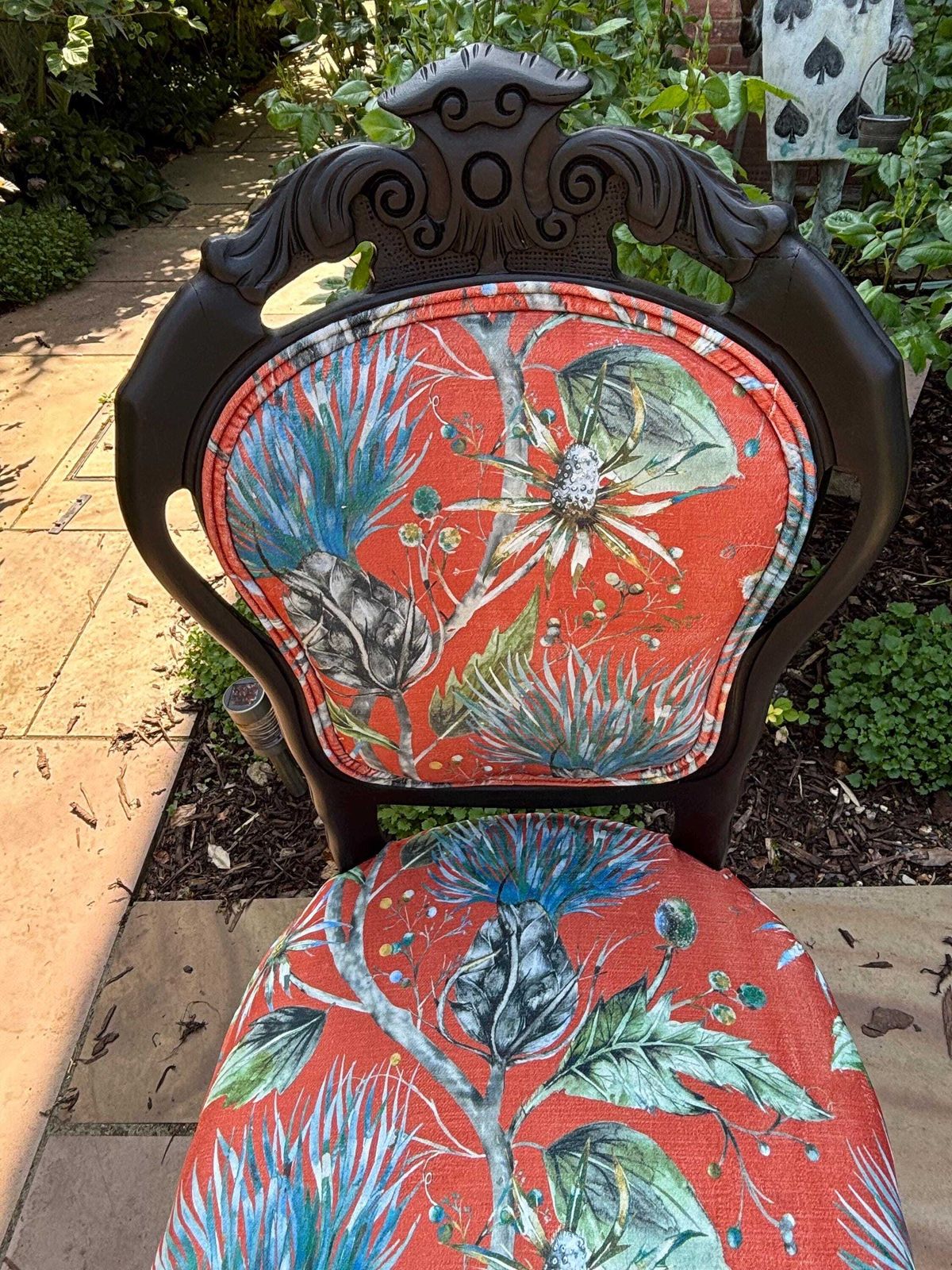 Vintage Upholstered Rococo Chair, Black Frame With Bold Orange Velvet Upholstery, One Of A Kind Seating photo vinterior