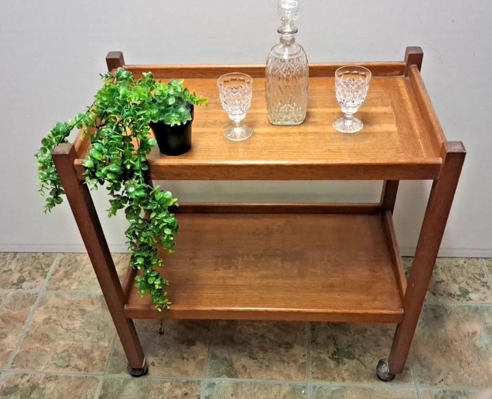 Vintage Teak Trolley Bar Drinks Cart On Casters 1960s photo furniture