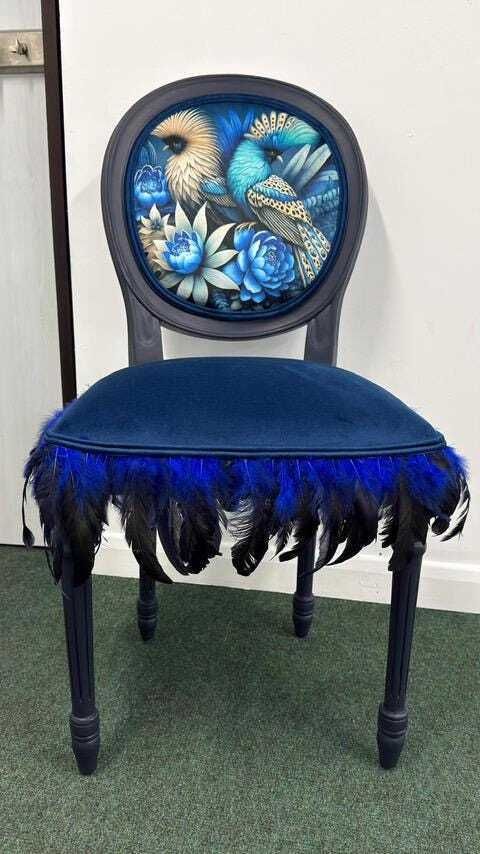 Bespoke Vintage Blue Bird Chair. One Of A Kind Velvet And Feather Detailing. Artist Designed Chair photo 325.0