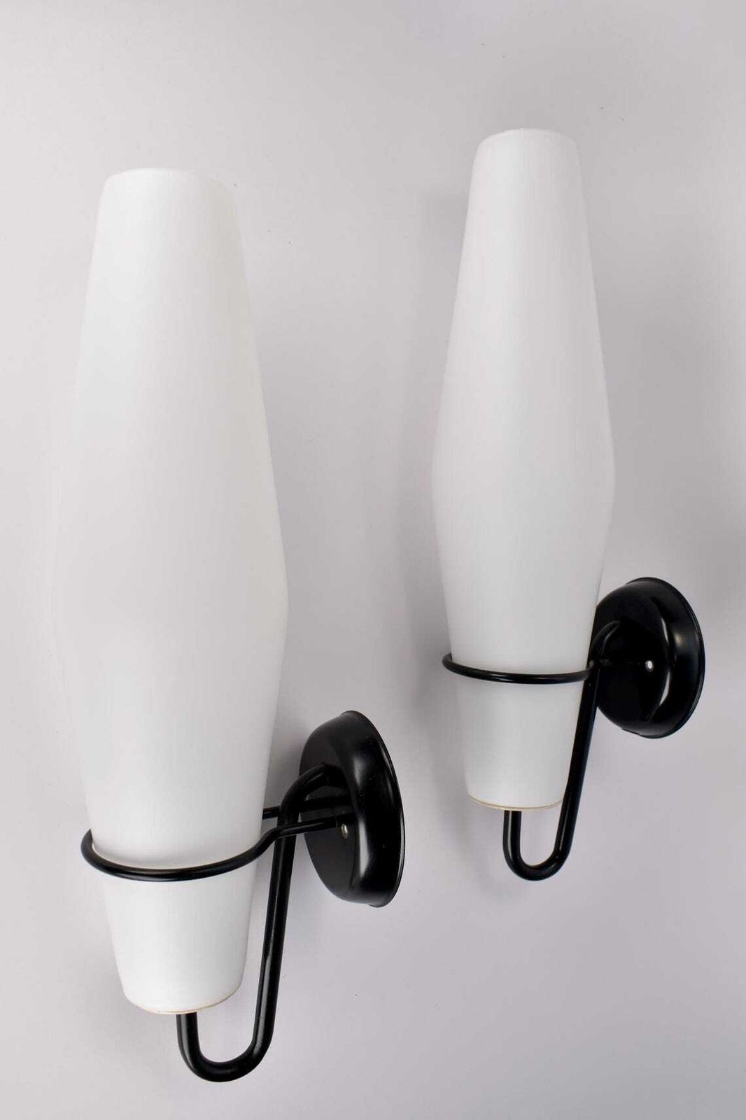 Modernist Glass Wall Sconces C 1556 By Raak, 1950s | Mid Century Modern Minimalist Lamps Lights Black White Set Pair Vintage Retro Midmod photo furniture