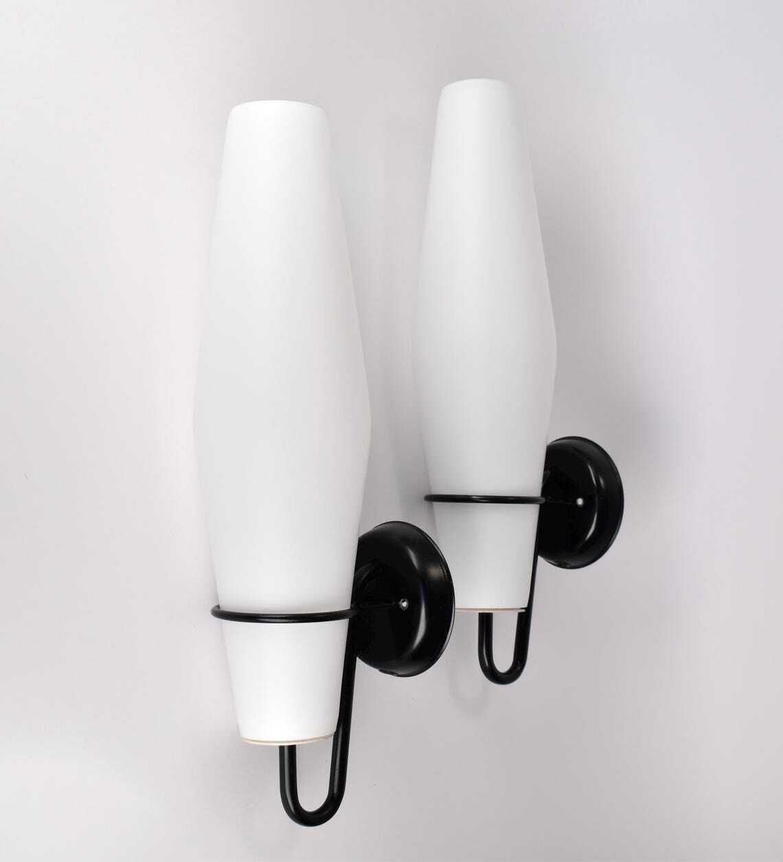 Modernist Glass Wall Sconces C 1556 By Raak, 1950s | Mid Century Modern Minimalist Lamps Lights Black White Set Pair Vintage Retro Midmod photo Lighting