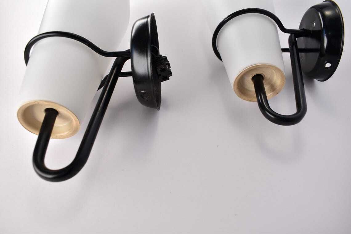 Modernist Glass Wall Sconces C 1556 By Raak, 1950s | Mid Century Modern Minimalist Lamps Lights Black White Set Pair Vintage Retro Midmod photo 597.0
