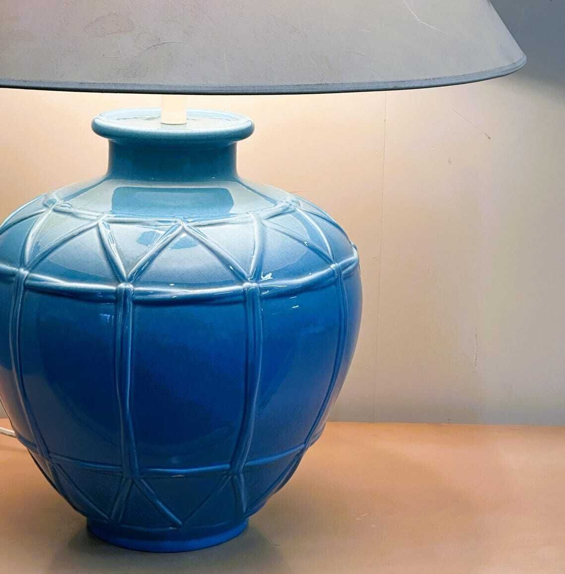 Louis Drimmer French Ceramic Lamp – Blue Glazed Base, 1980s. France photo Lighting