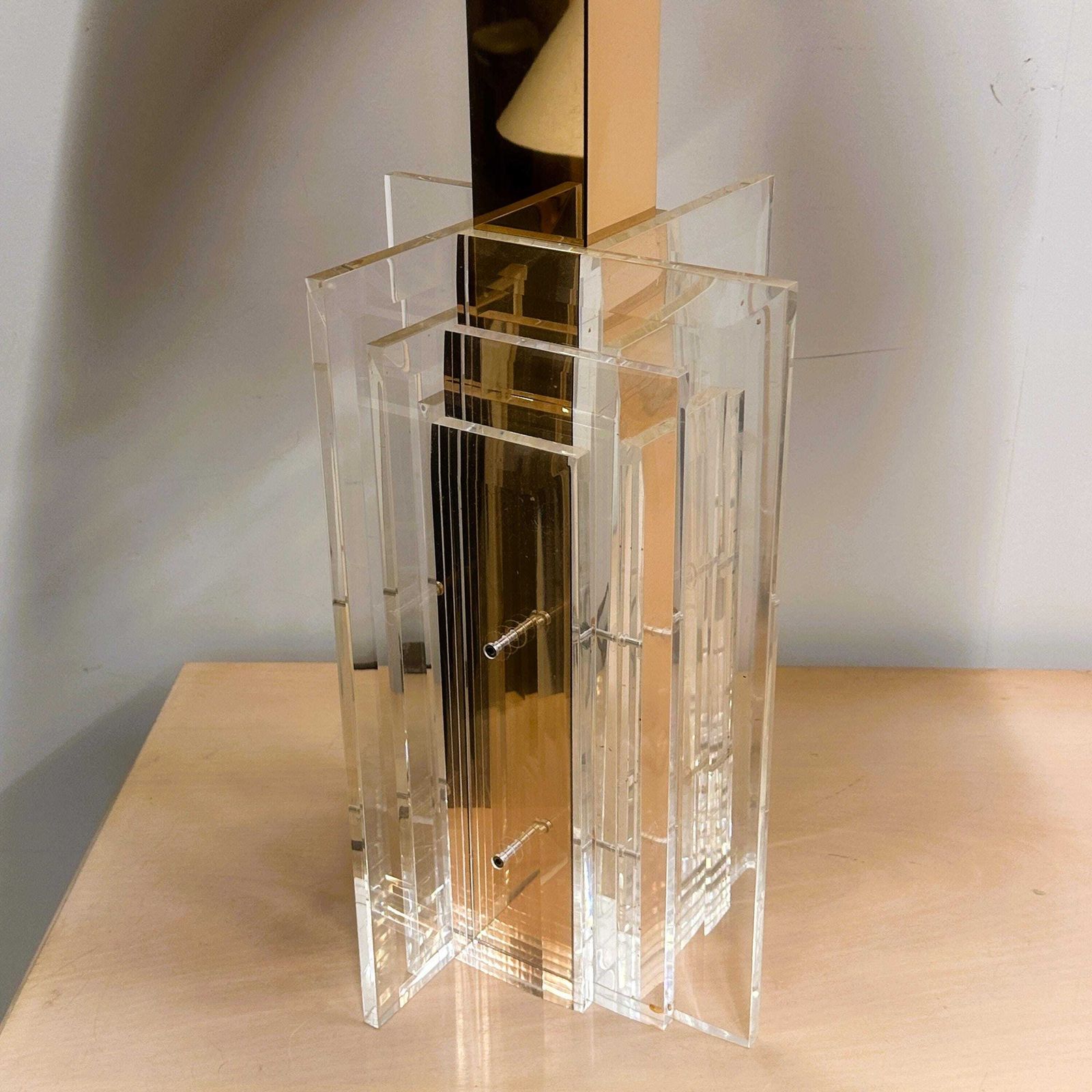 Large Glamourous 1970s Brass & Lucite Architectural Table Lamp. photo furniture