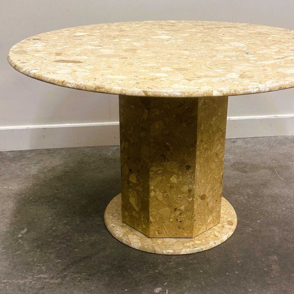 Round Breccia Marble Pedestal Table | 1980s Vintage Stone Dining Table | Postmodern Sculptural Design photo vinterior