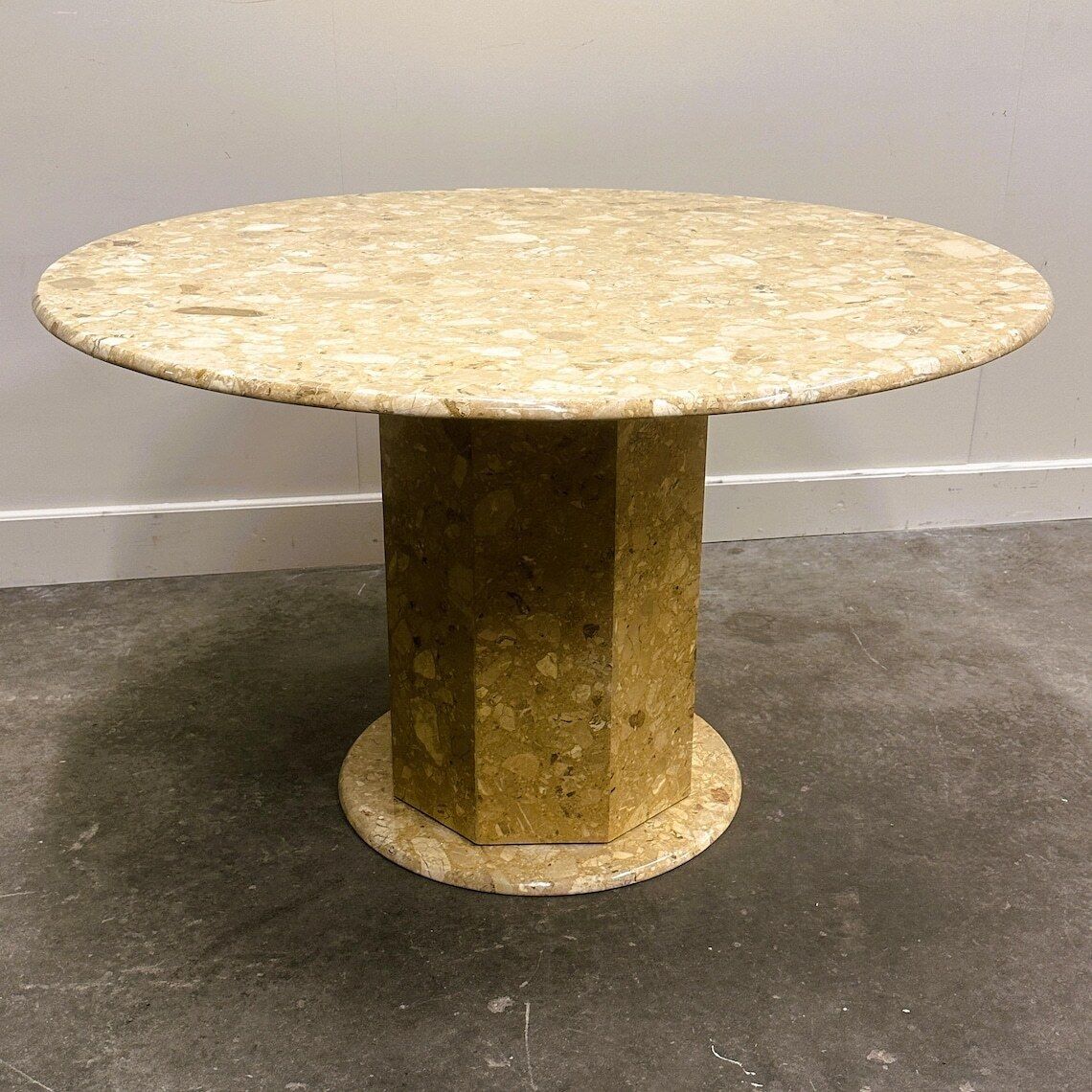 Round Breccia Marble Pedestal Table | 1980s Vintage Stone Dining Table | Postmodern Sculptural Design photo vintage