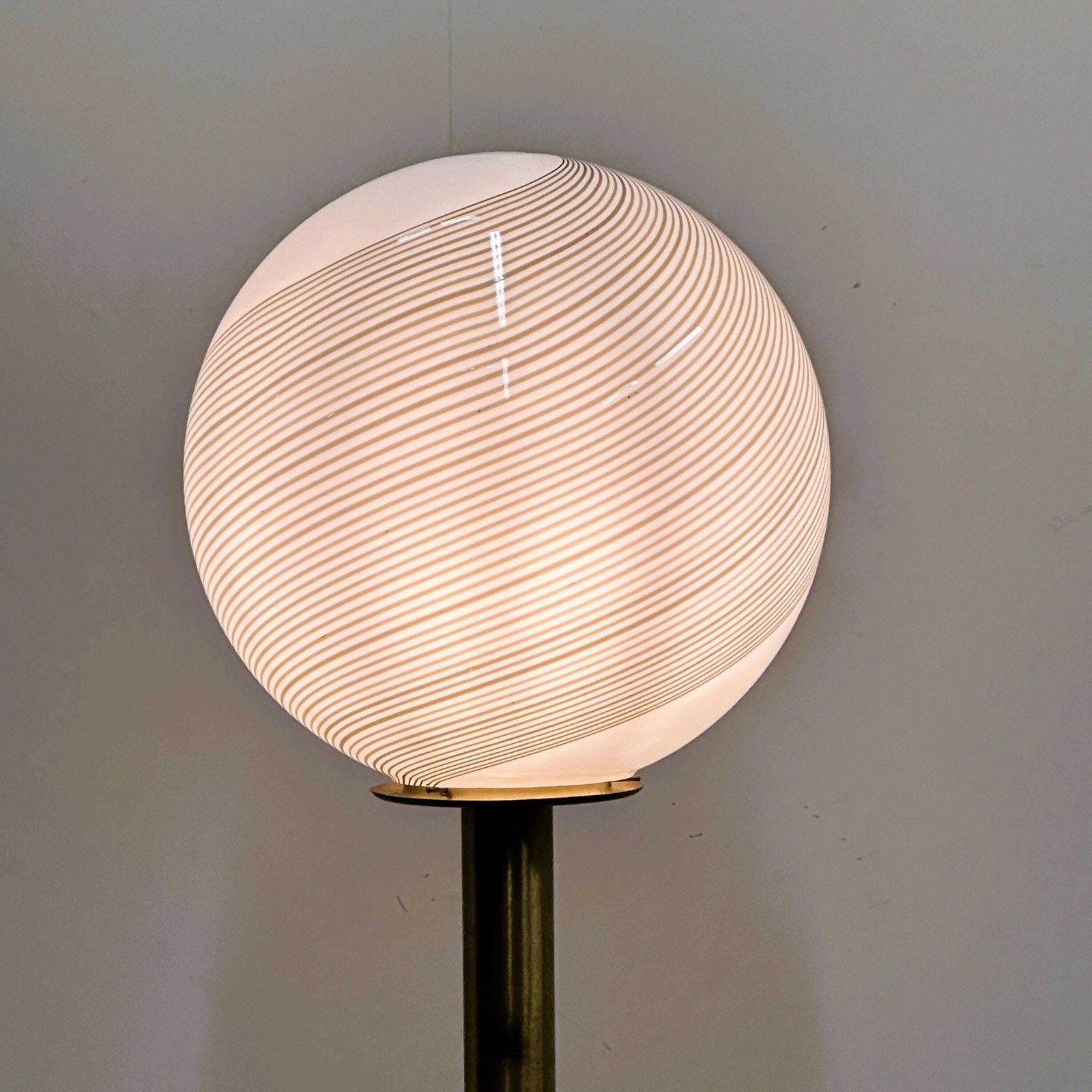 Large 1970s Italian Brass Floor Lamp With Swirled Murano Glass Globe — Sculptural & Luminous photo for sale
