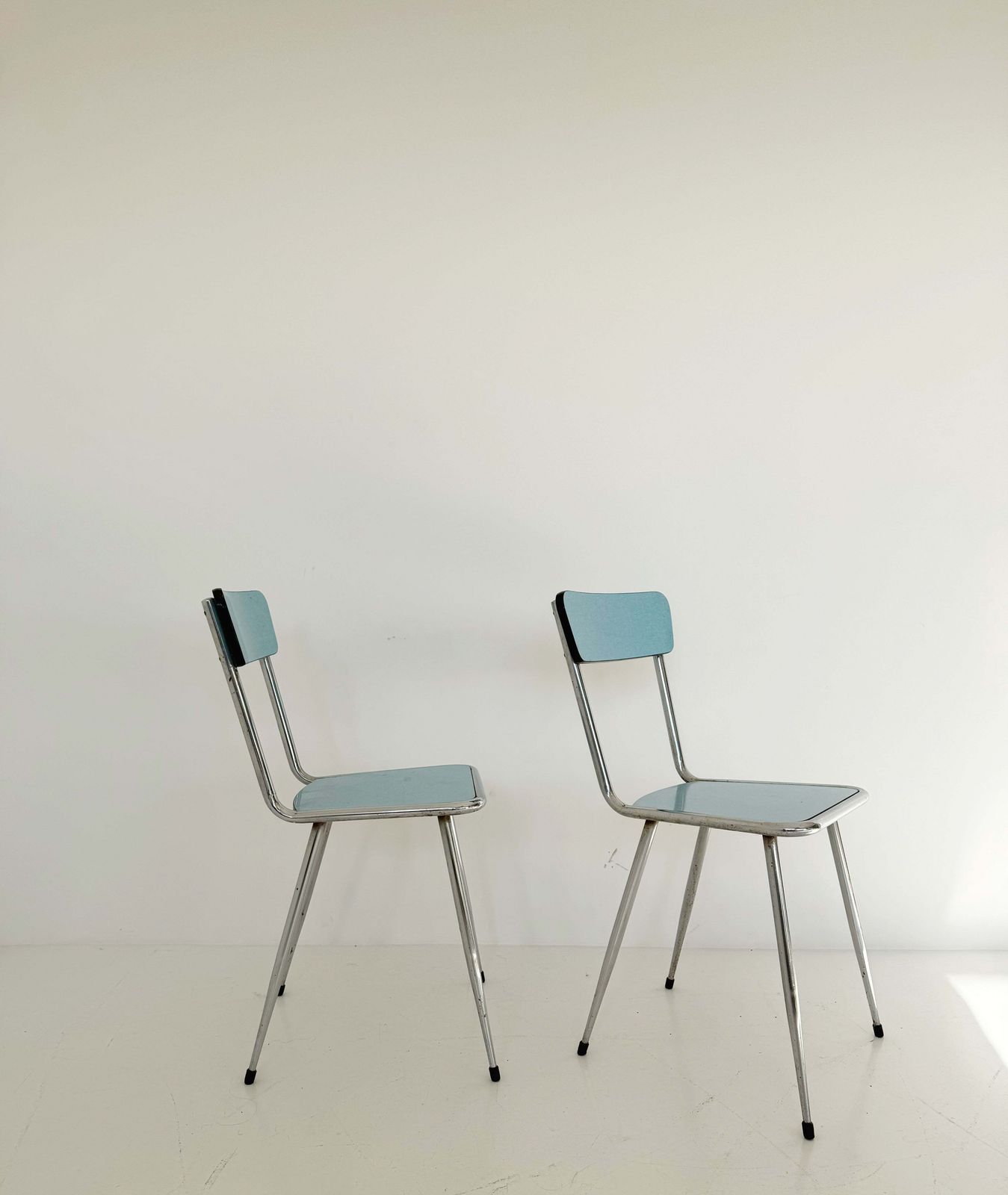 Pair Of Vintage Metal Chairs With Blue Seat