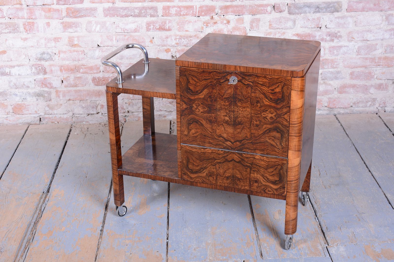 Restored Art Deco Serving Trolley, Walnut, Repolished, Czech, 1920s photo vintage