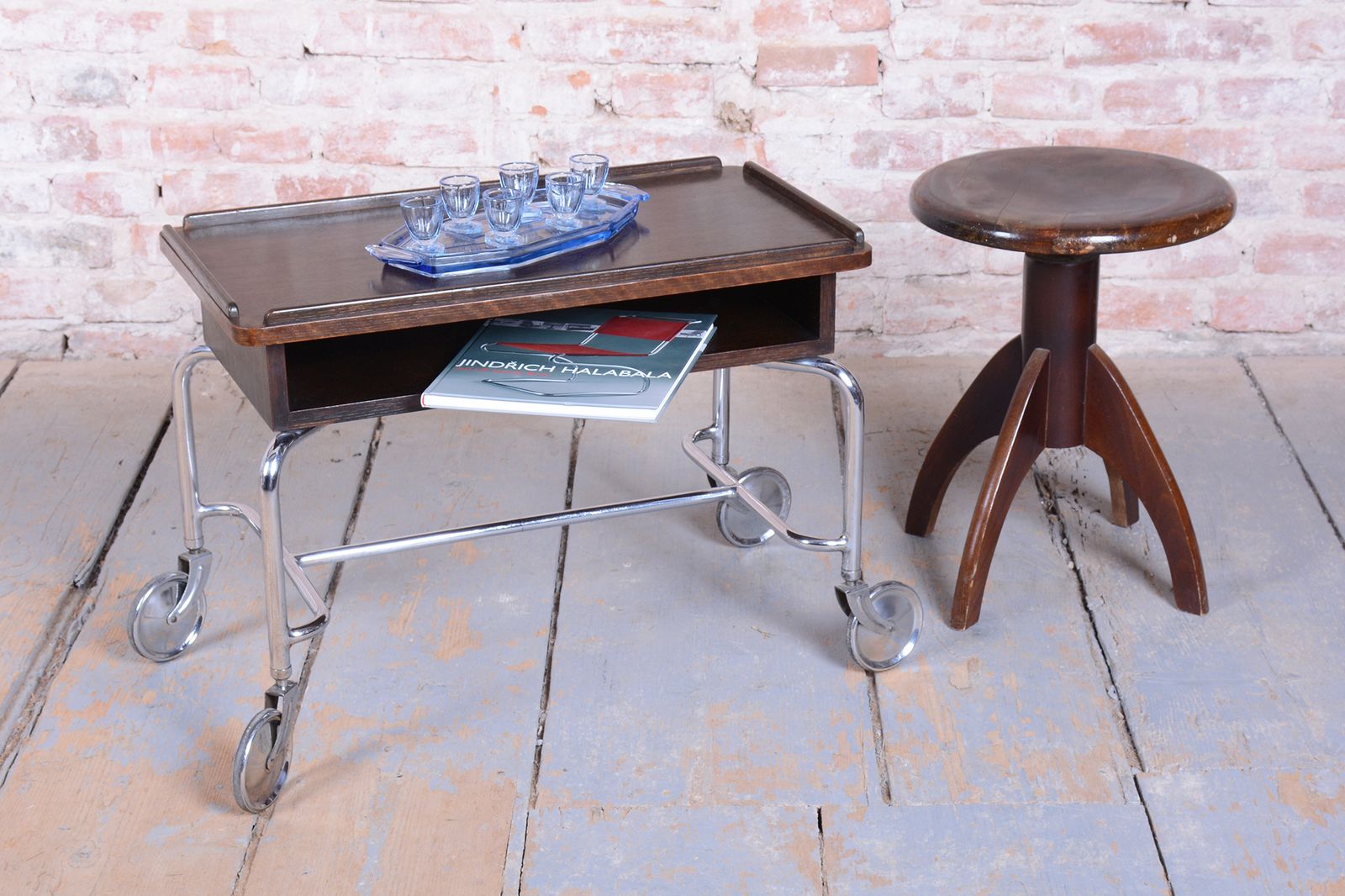 photo furniture Restored Bauhaus Serving Trolley, By R.Slezák, Oak, Chrome, Czech, 1930s