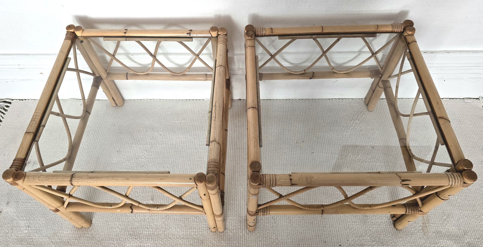 A Pair Of Vintage Bamboo & Glass Bedside Tables. photo for sale