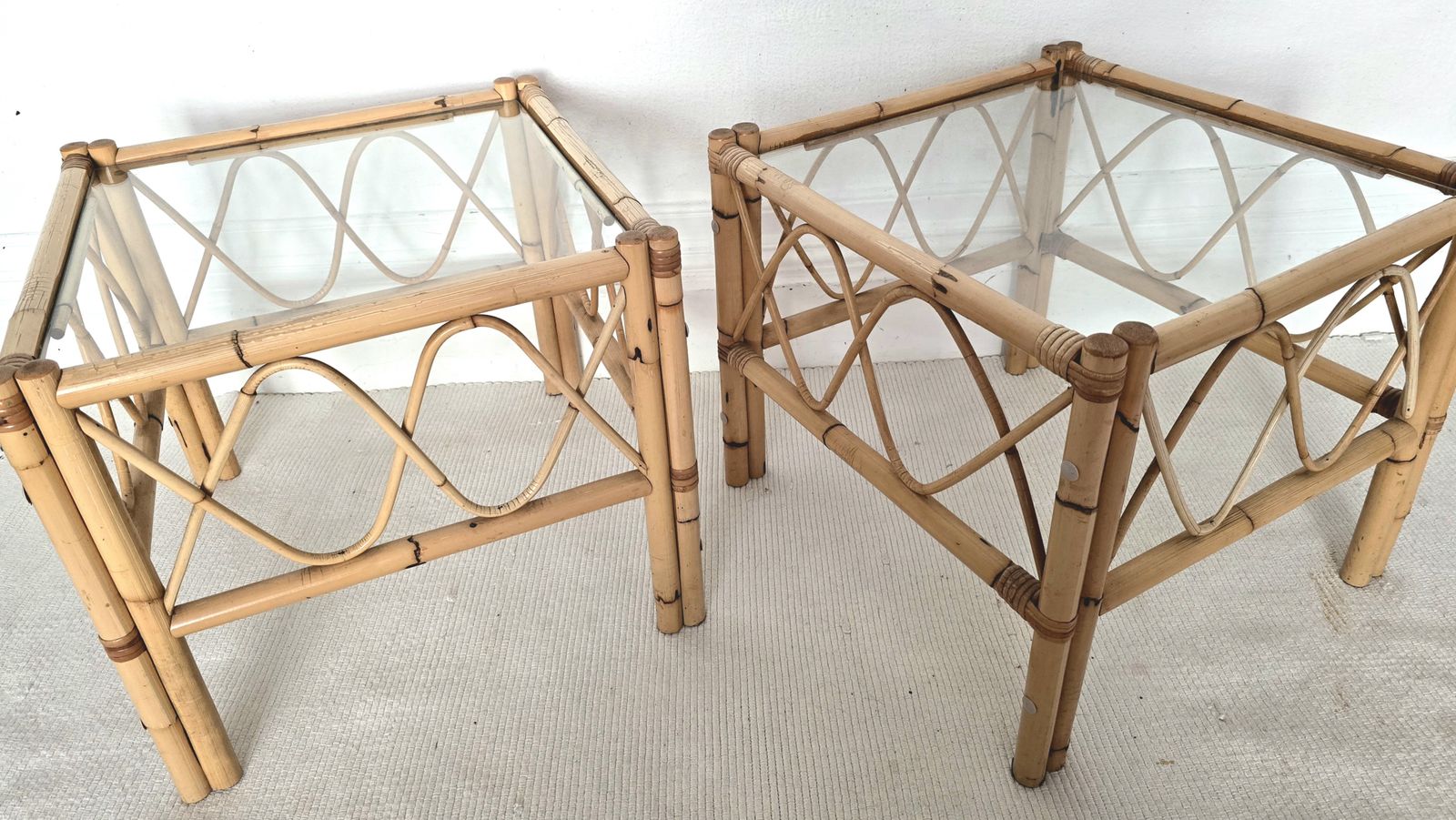 A Pair Of Vintage Bamboo & Glass Bedside Tables. photo vinterior