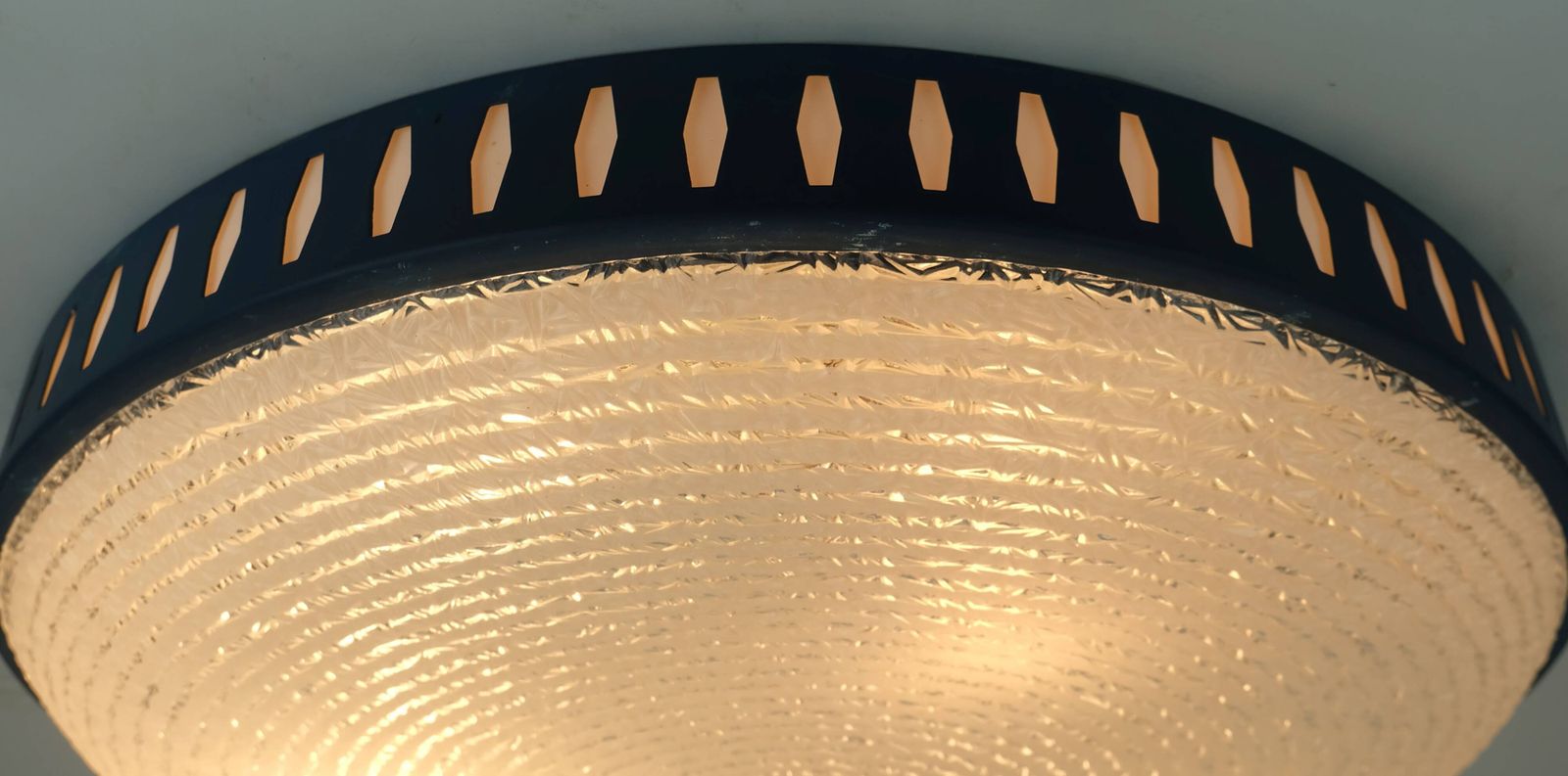Rare And Large Hillebrand Ceiling Light From The 1960s, In Textured Glass And Blue Metal Frame. photo for sale