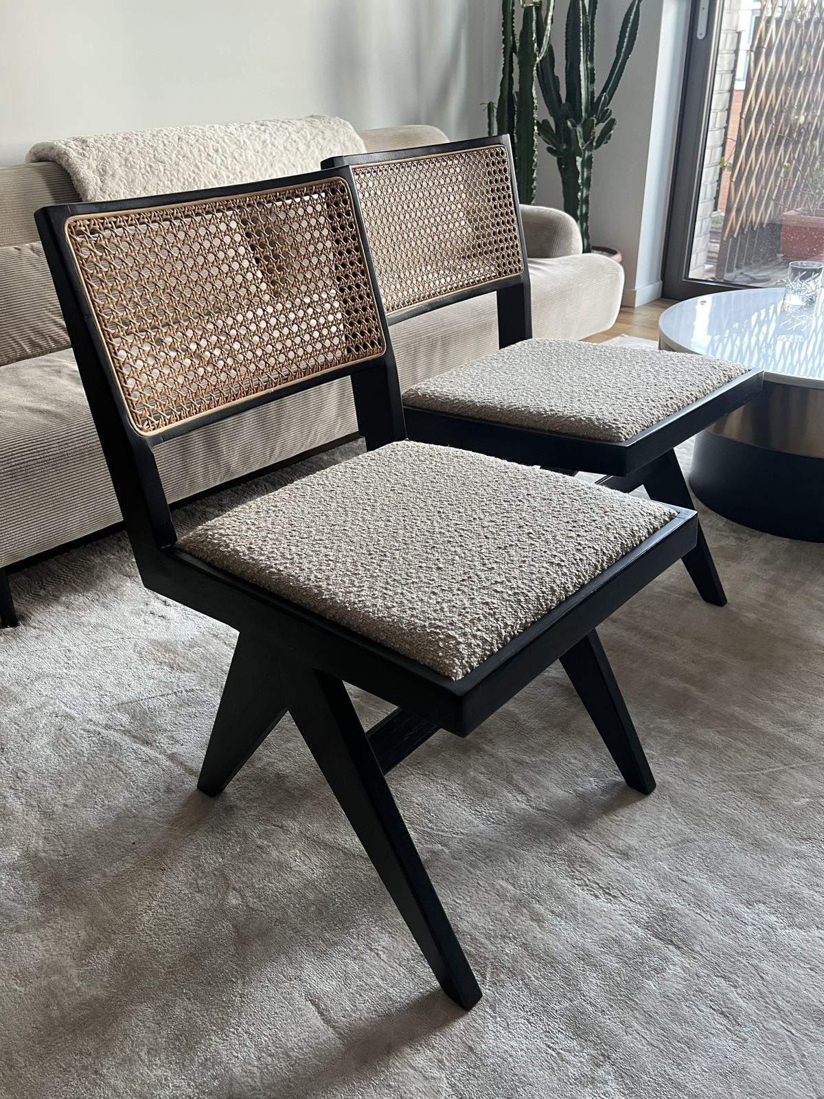 Six The Residence Pair 2 X Cane Teak Upholstered Boucle Dining Chairs Black photo for sale