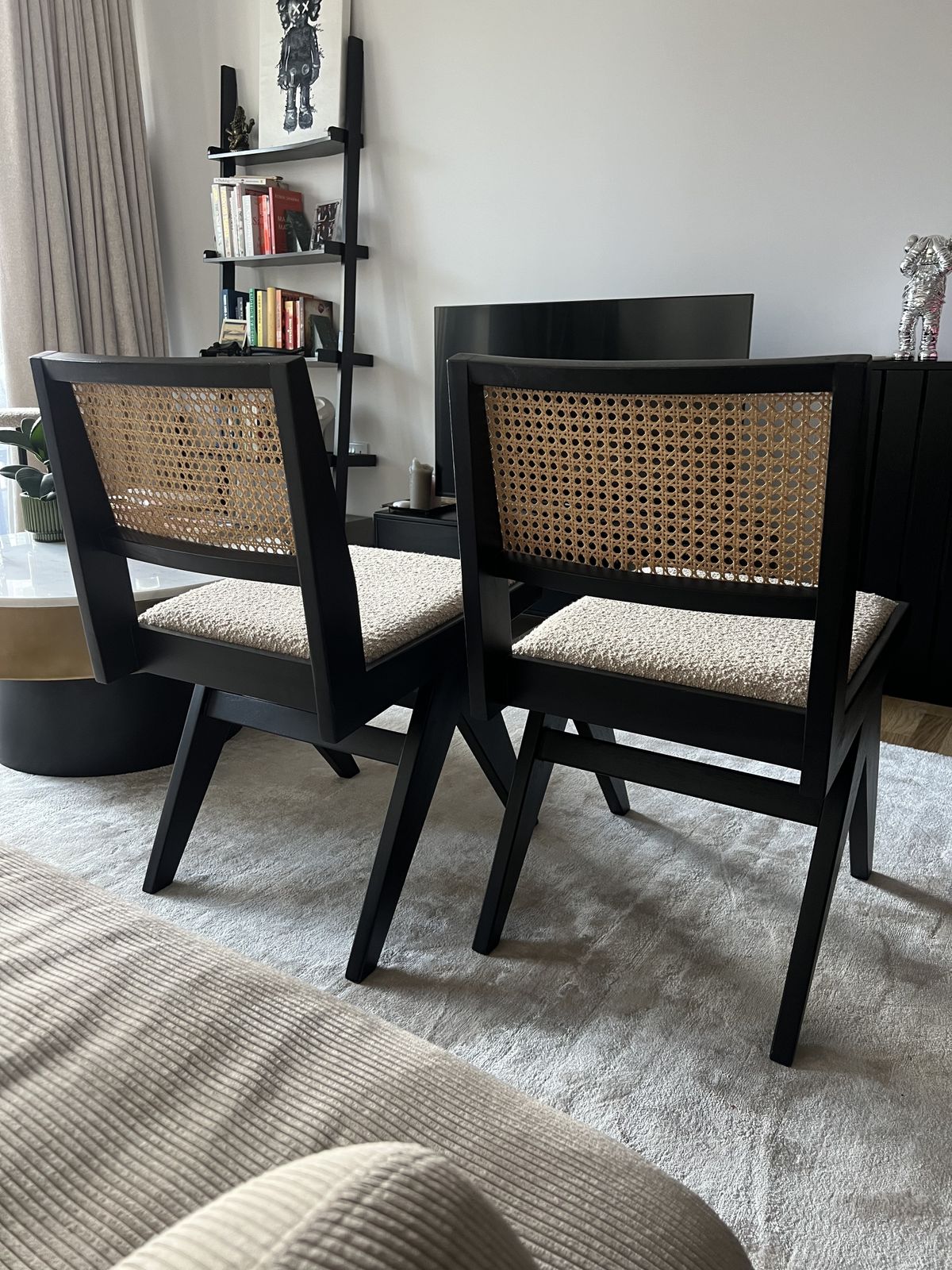 Six The Residence Pair 2 X Cane Teak Upholstered Boucle Dining Chairs Black photo Furniture