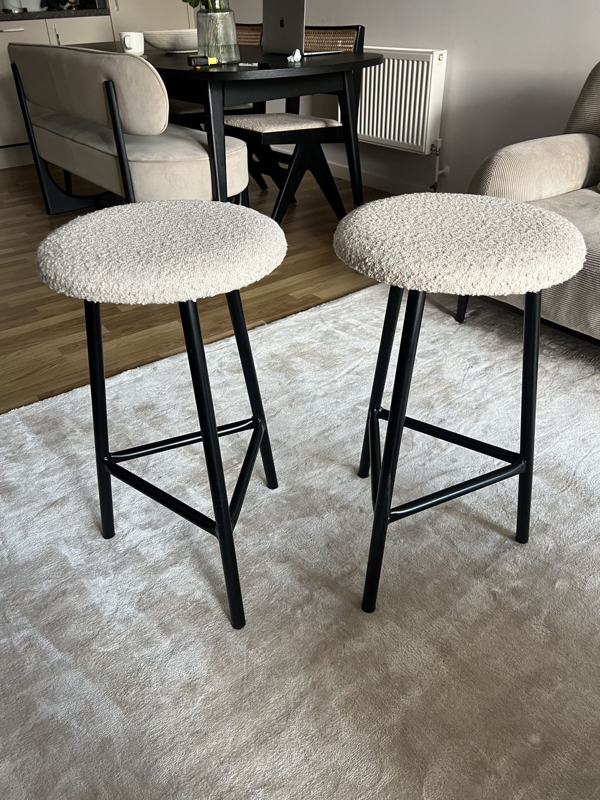 Six The Residence Tripod Bar Stools Upholstered Black Boucle Sand X 2