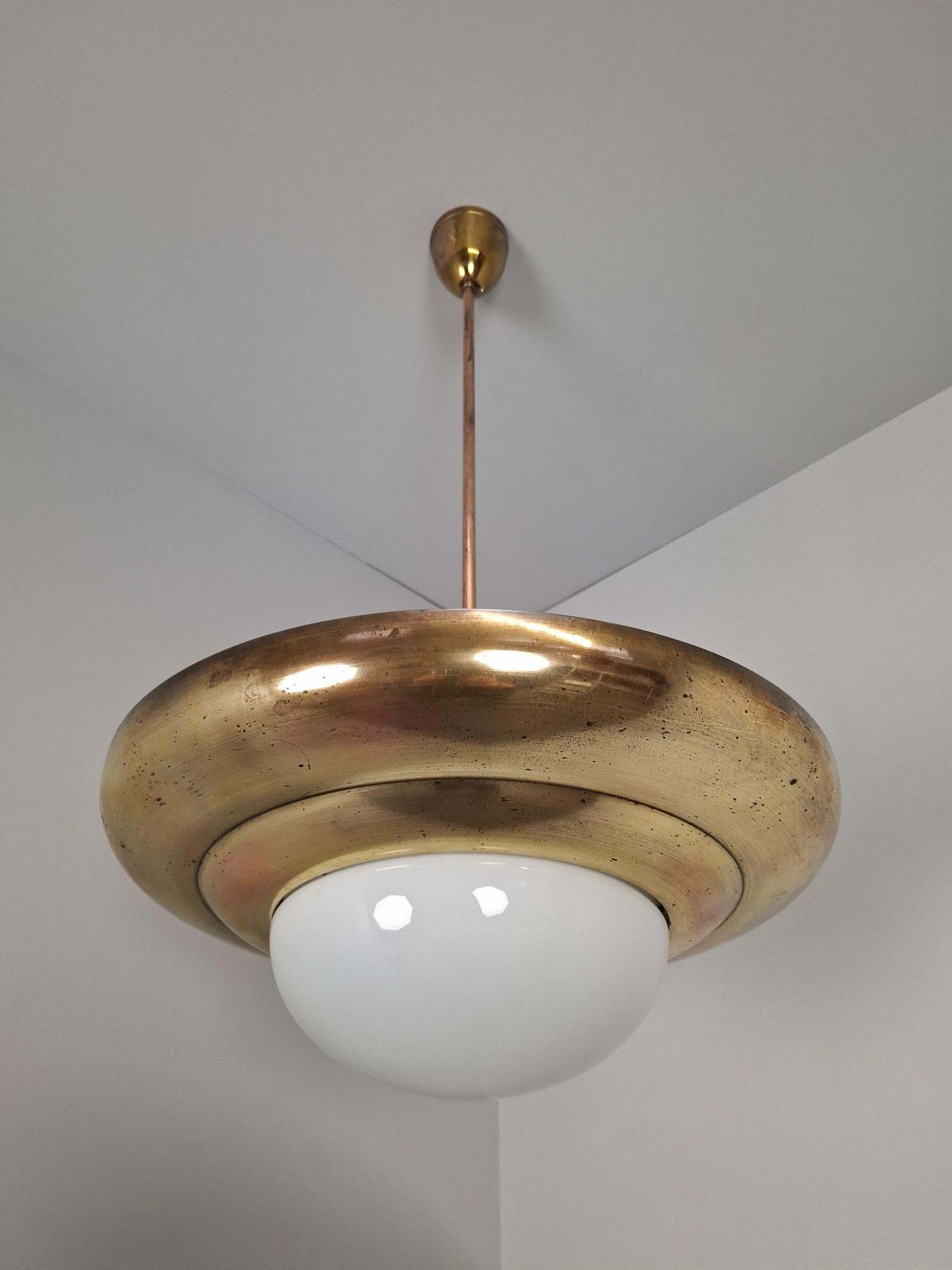 1920 Czechoslovak Art Deco Brass And Opaline Glass Pendant Lamp, Napako 13443 photo buy