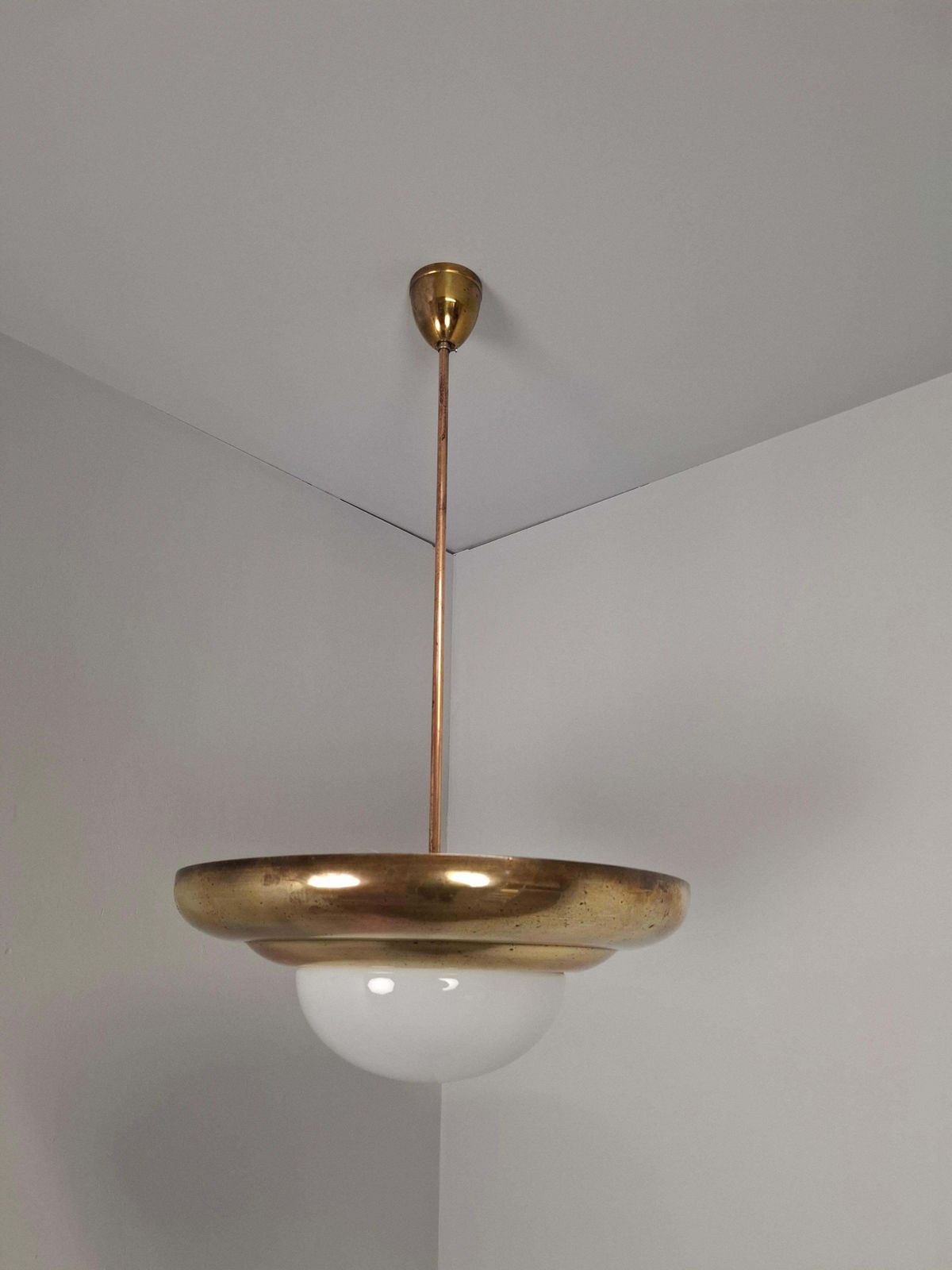 1920 Czechoslovak Art Deco Brass And Opaline Glass Pendant Lamp, Napako 13443 photo vintage